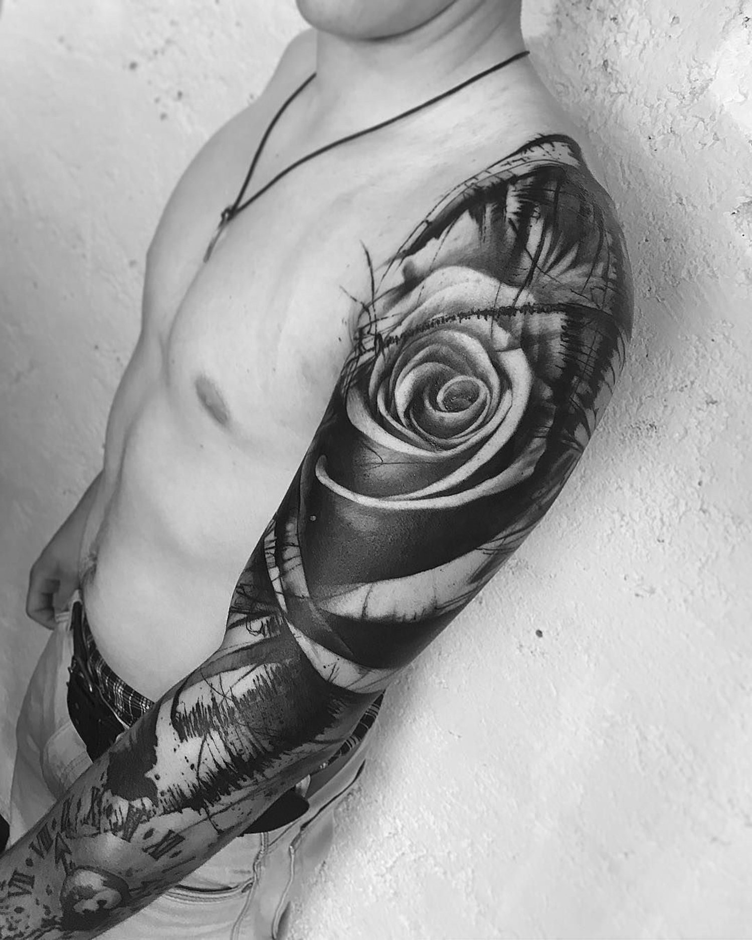 black roses on arm, painting style