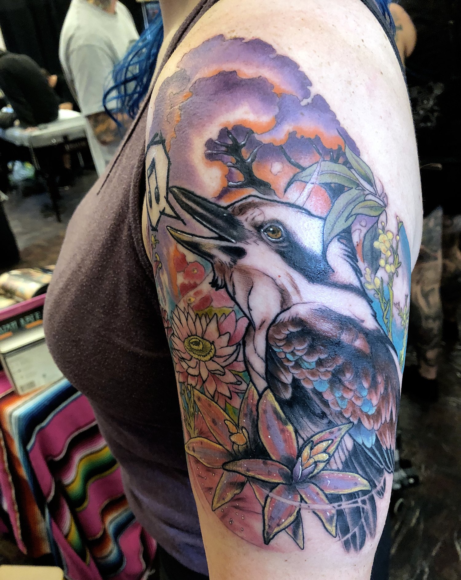 color tattoo, bird on half sleeve by paige faihe