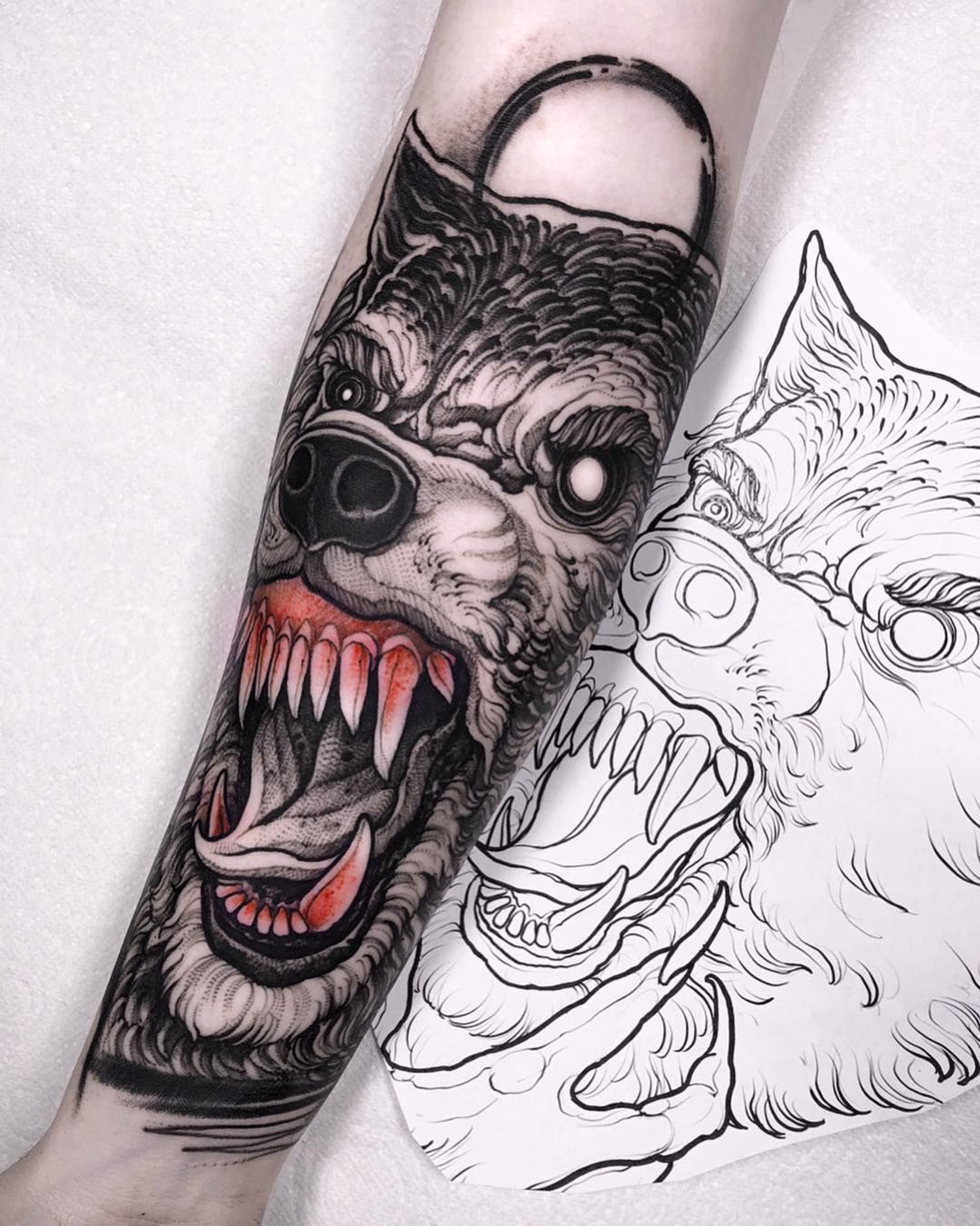 wolf, black and red tattoo