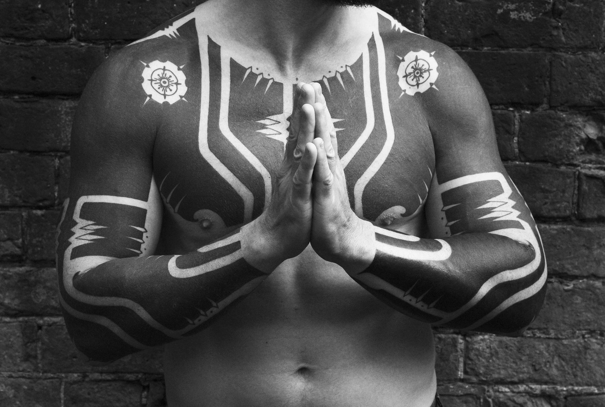 heavy blackwork, tribal, futuristic, half body