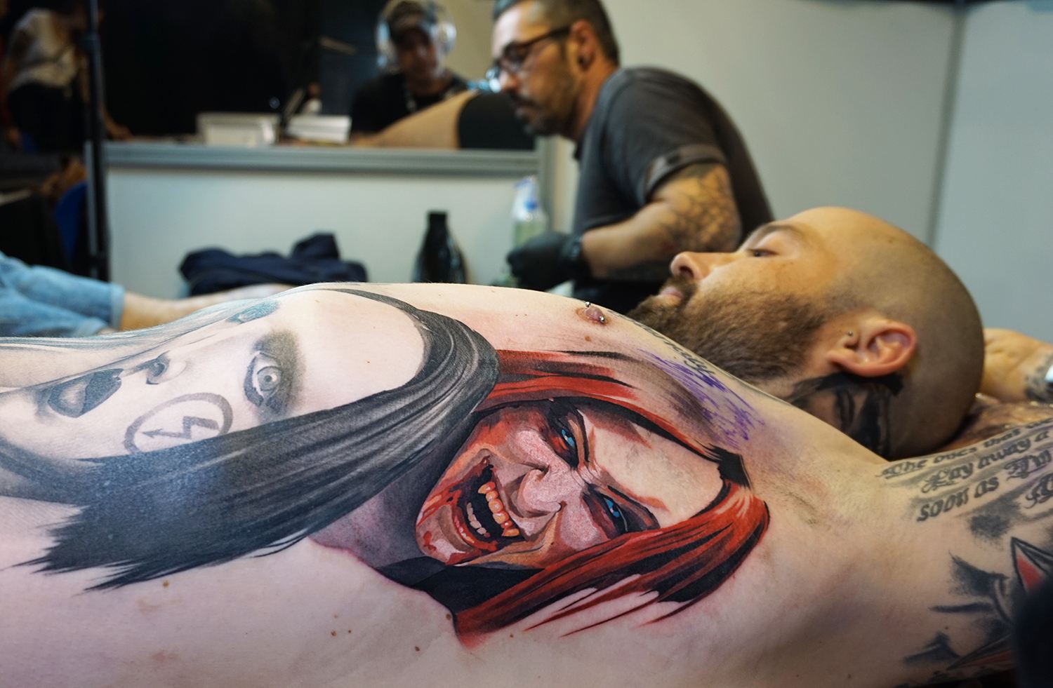 scary horror tattoo portrait on ribs by bulletbg