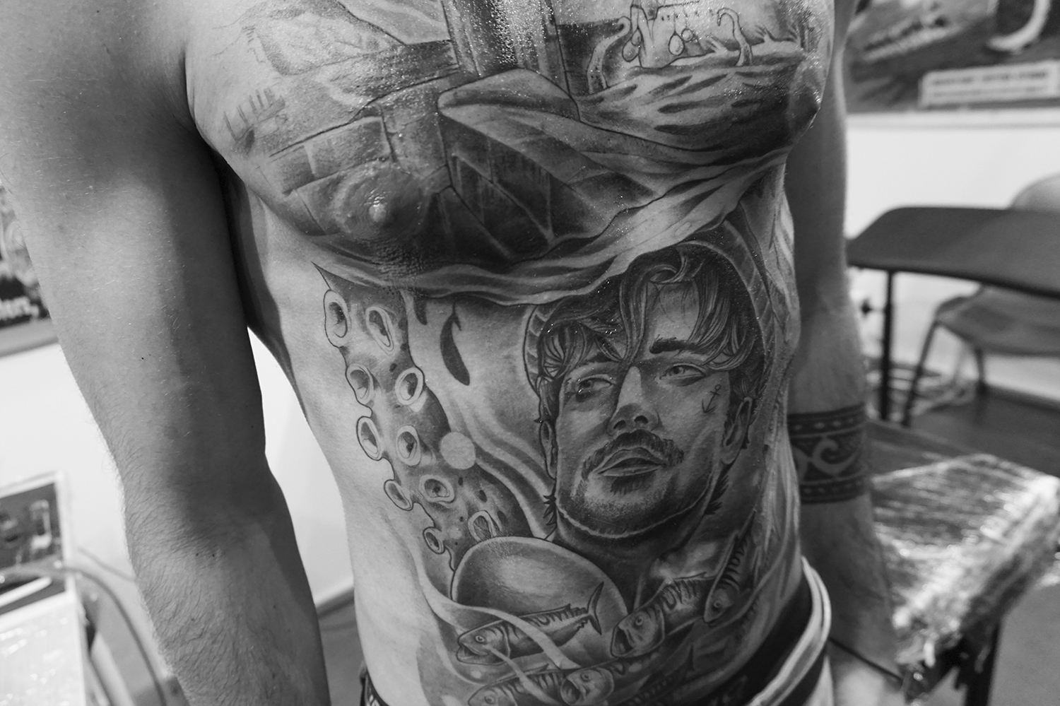 inglorious bastards chest tattoo by gemenian cruz, graveyart, tattoo convention