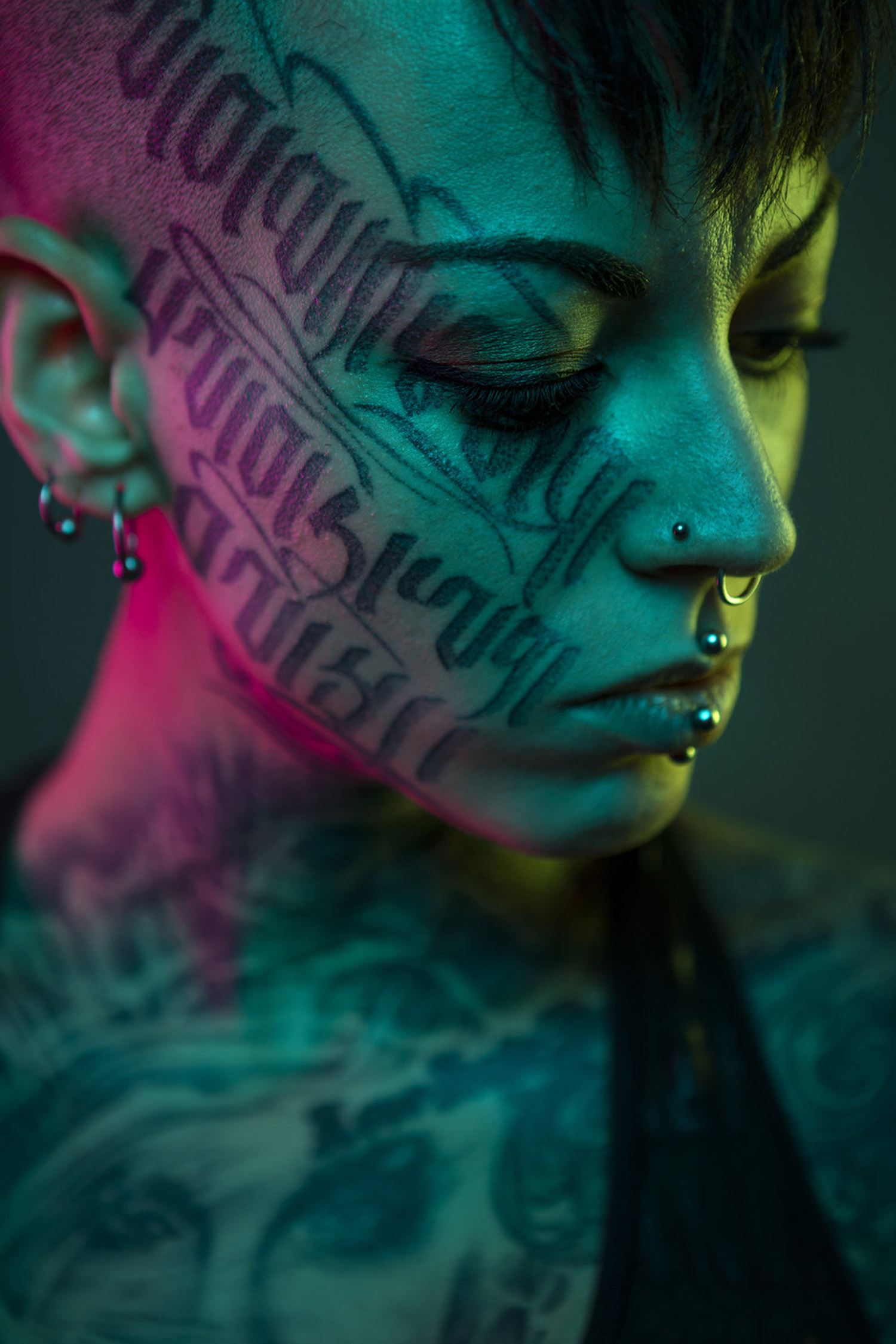 tattooed, calligraphy face, portrait photography