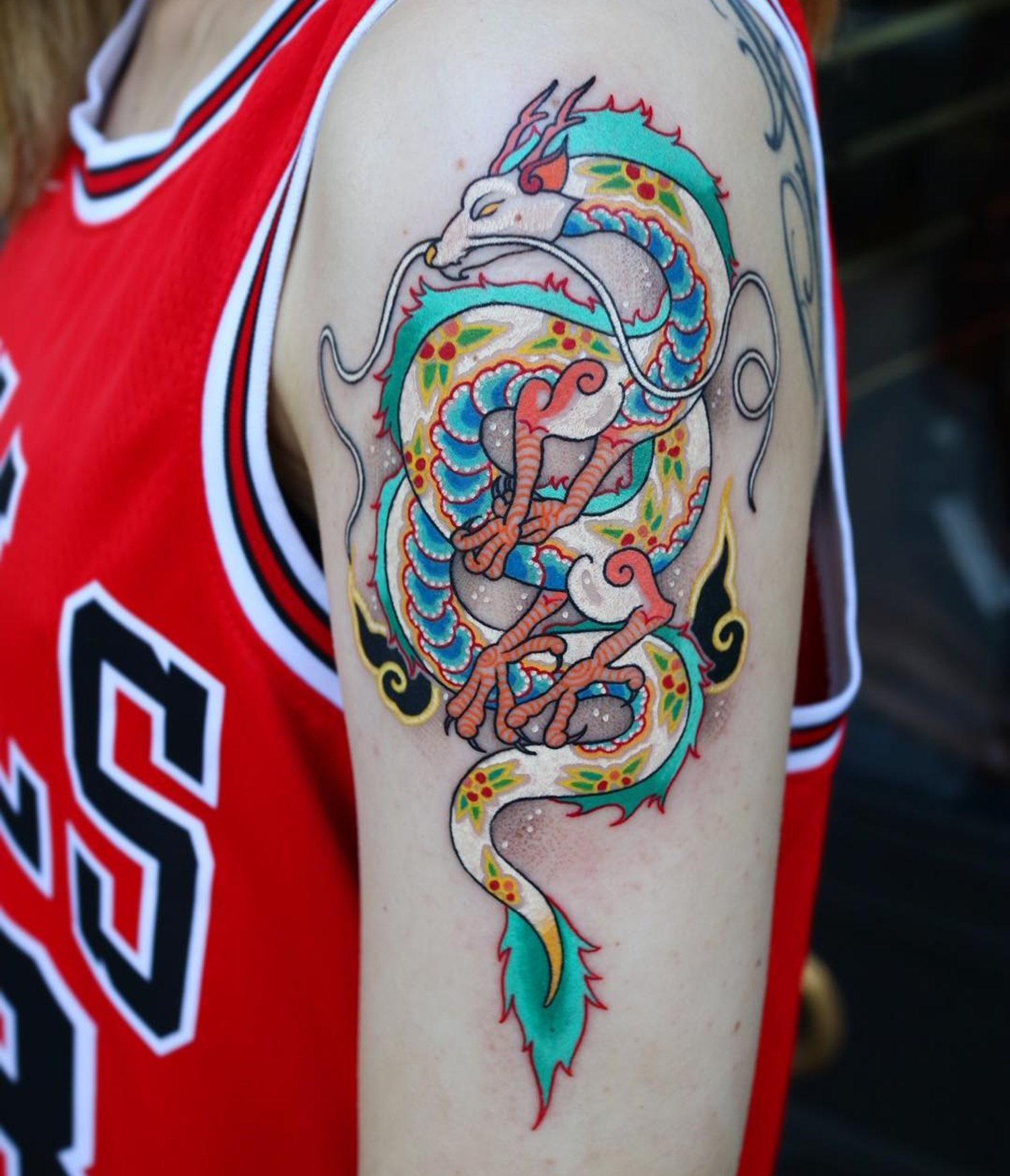 dragon tattoo, colorful asian style