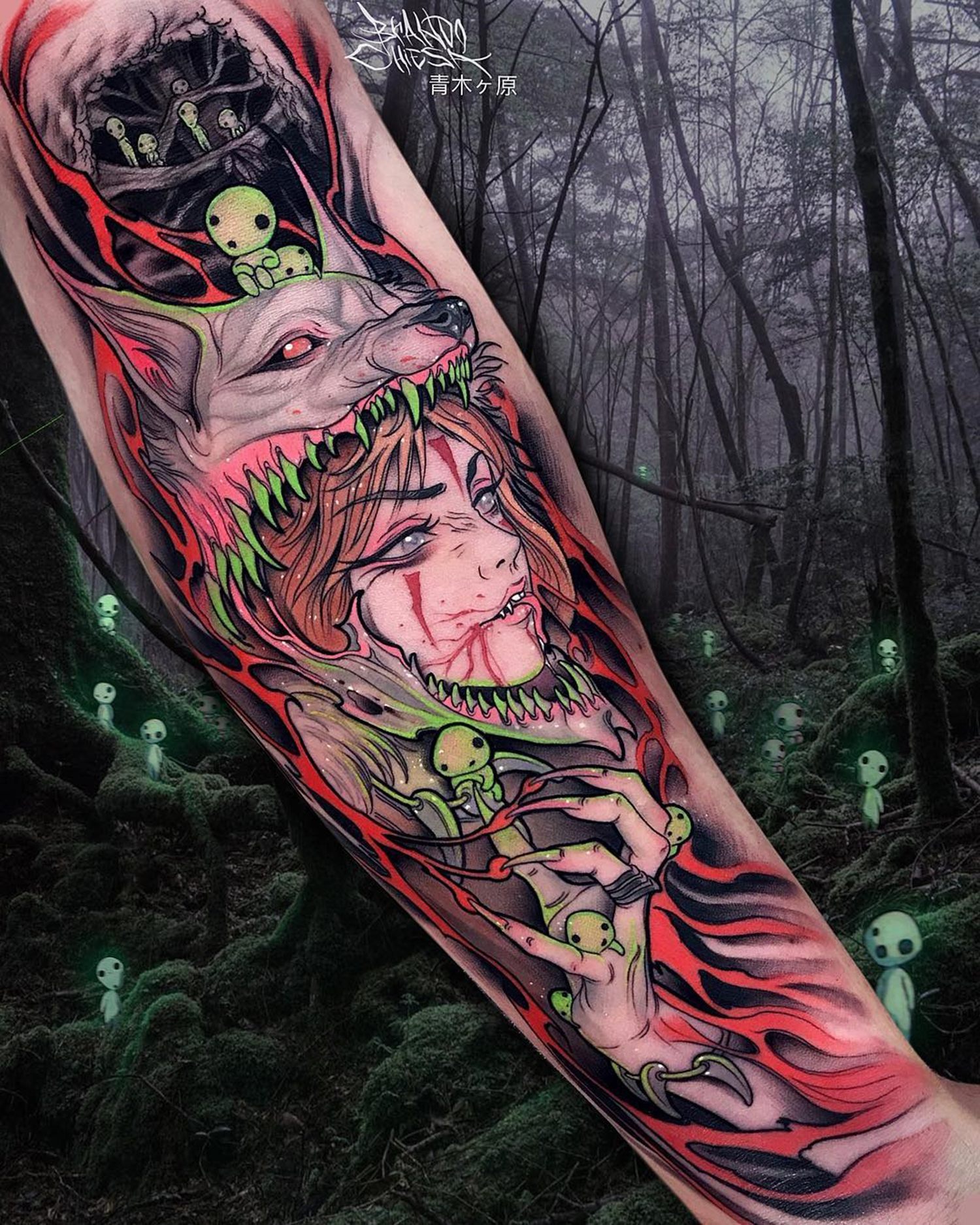 Princess Mononoke tattoo on the inner forearm