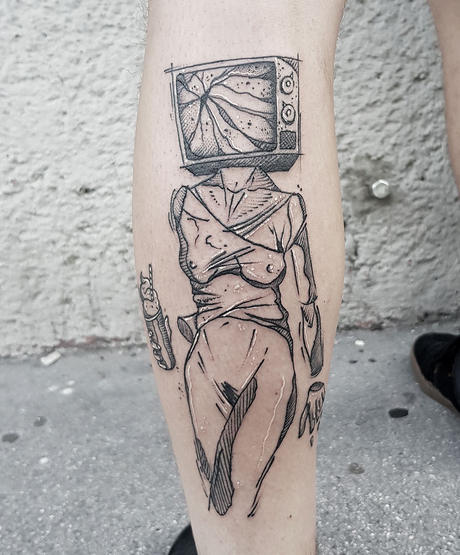 nude tv head woman, blackwork, illustrative, sketch