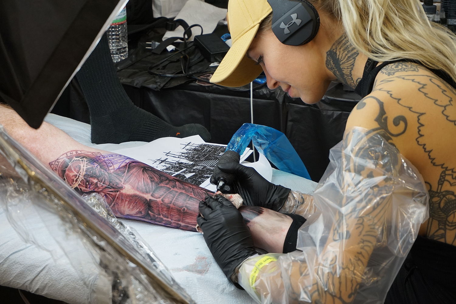 Texan tattoo artist Deanna Smith doing an anatomy tattoo arm