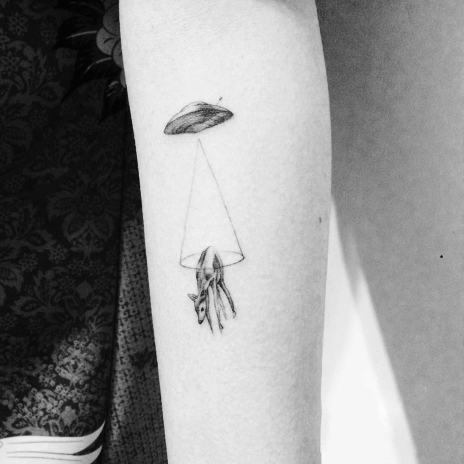 spaceship and deer, dotwork tattoo