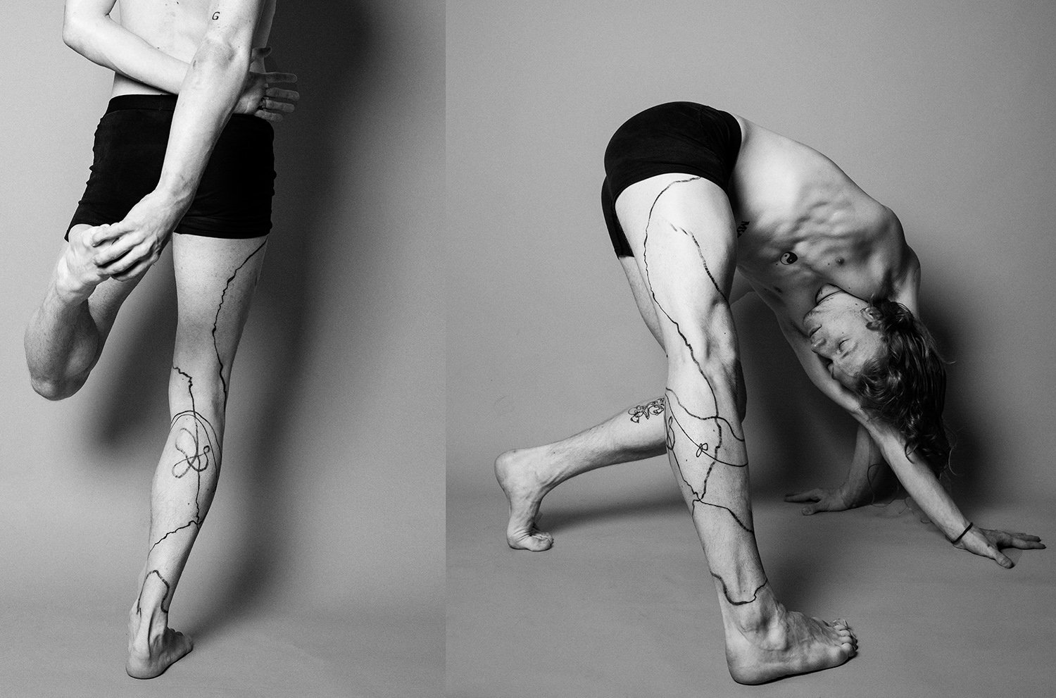 organic lines on legs, abstract tattoos, liam leg