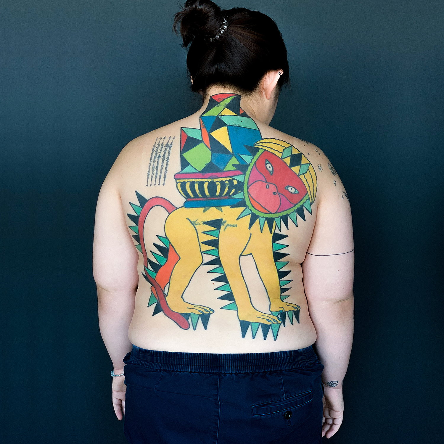 back tattoo, abstract color tattoo, dadaism