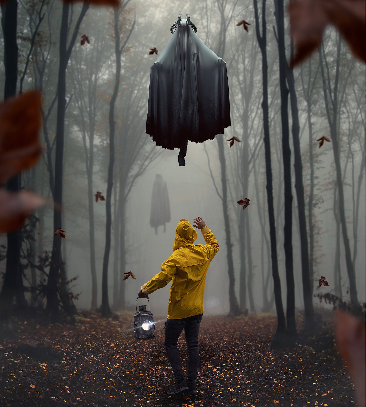  Kavan Cardoza "The Road less Traveled", mysterious scene with man in yellow jacket, surreal