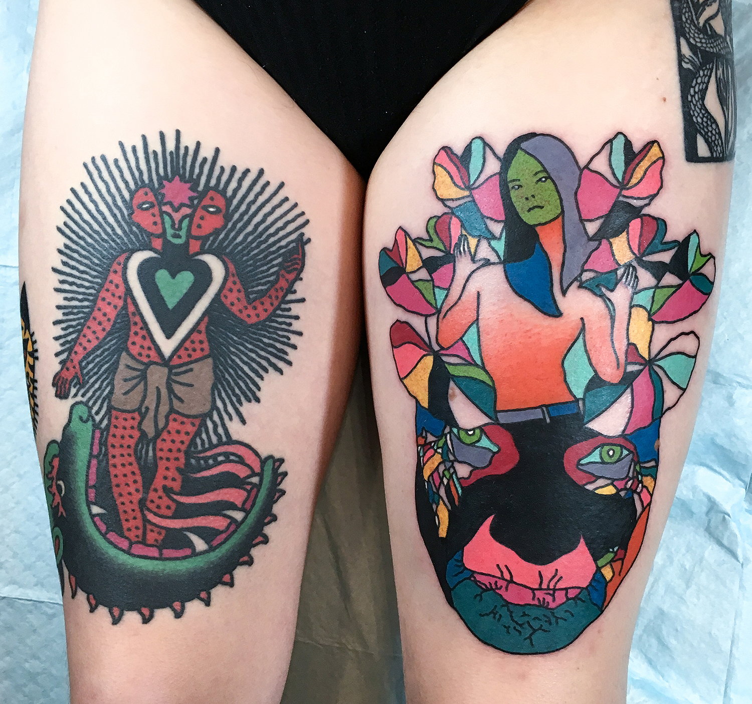 color tattoos, gradient, on legs, double tattoo