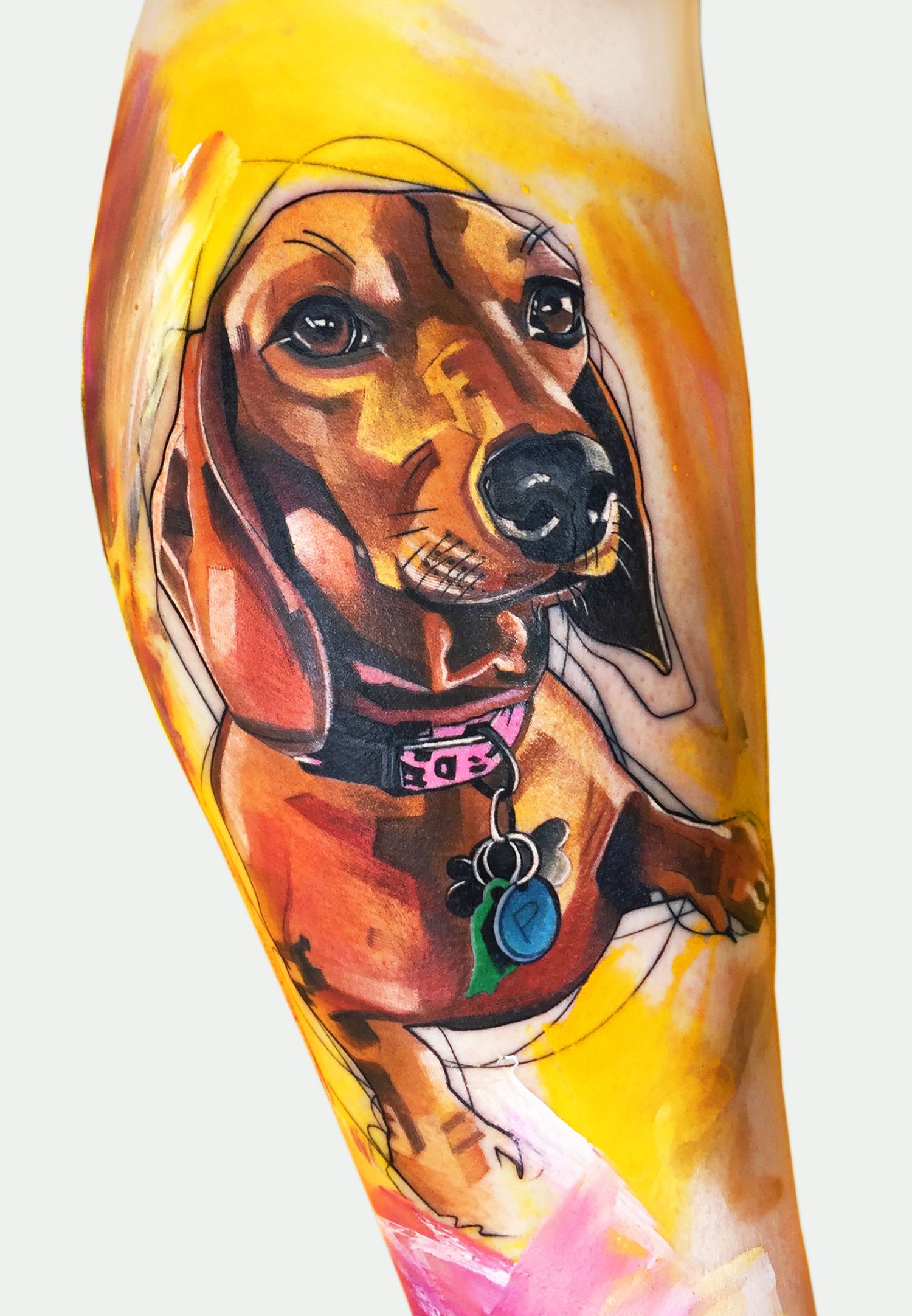 dog tattoo, stylized and color