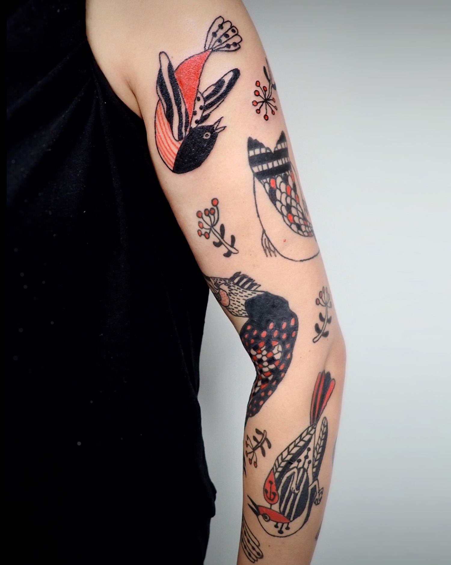 bird tattoo sleeve by Noko, Gakkin's daughter