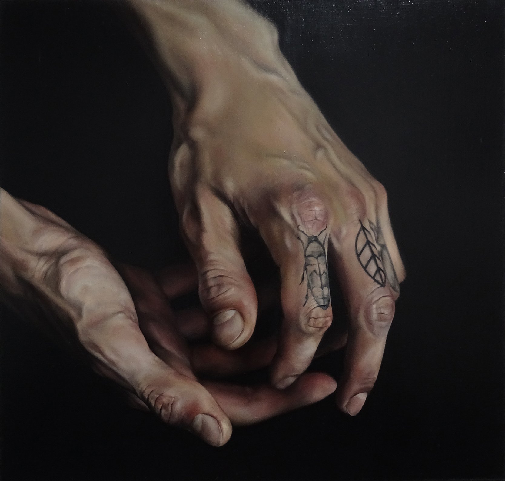 hyperrealist oil painting of tattooed hands by yanina viland