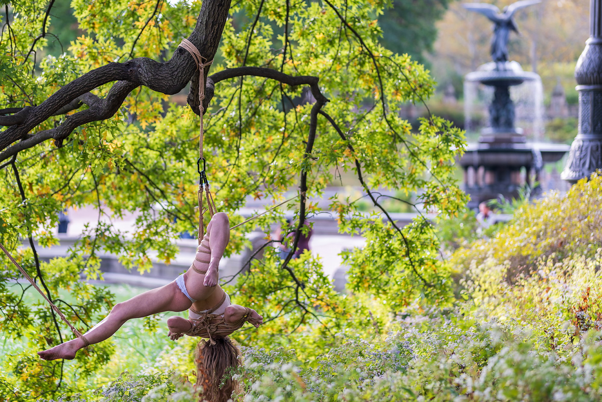 Naked Female Model Hanging On Shibari Ropes Stock Photo, Picture