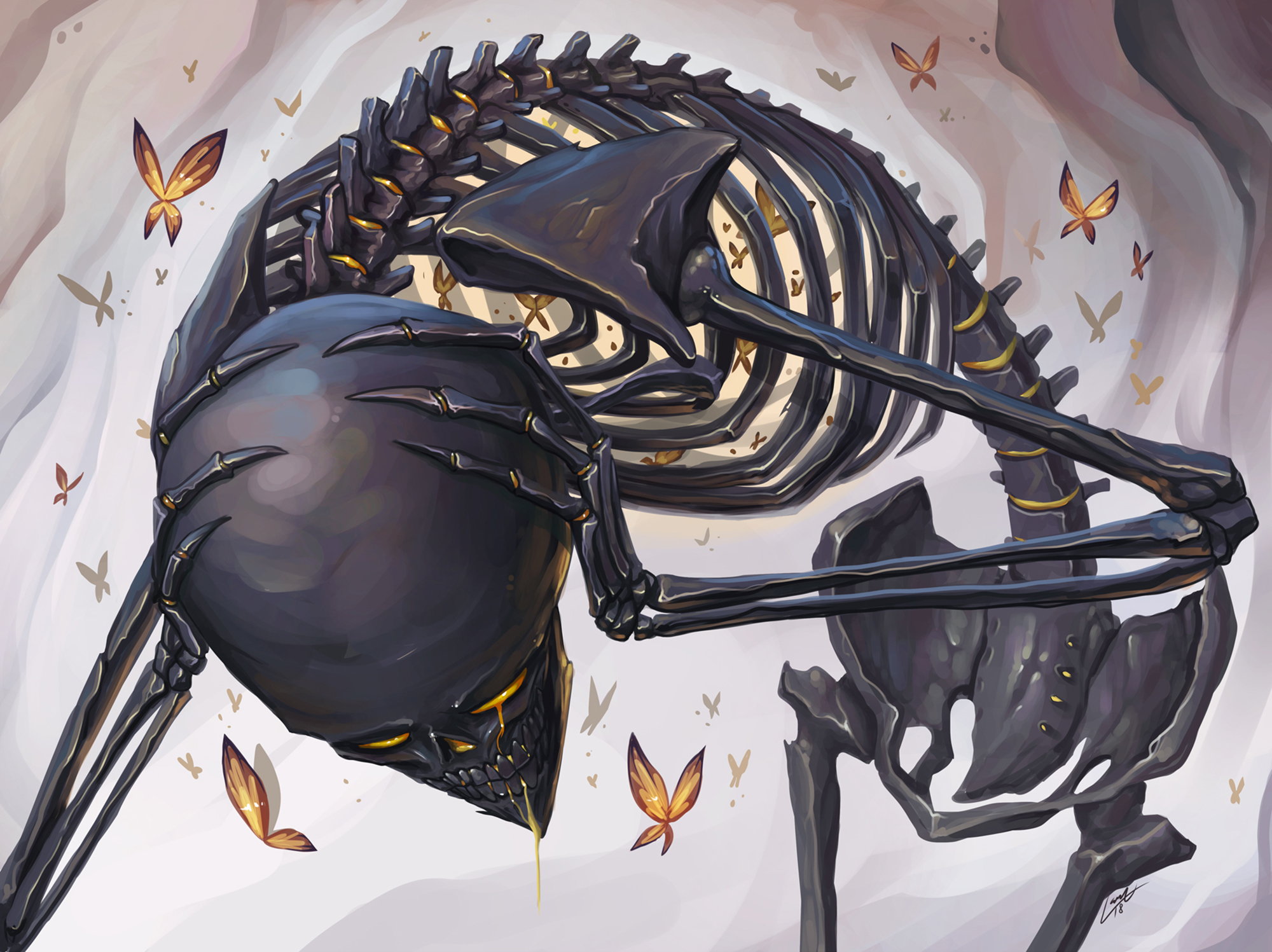 illustration, skeleton, in black, Bird Cage by Lana Ansay