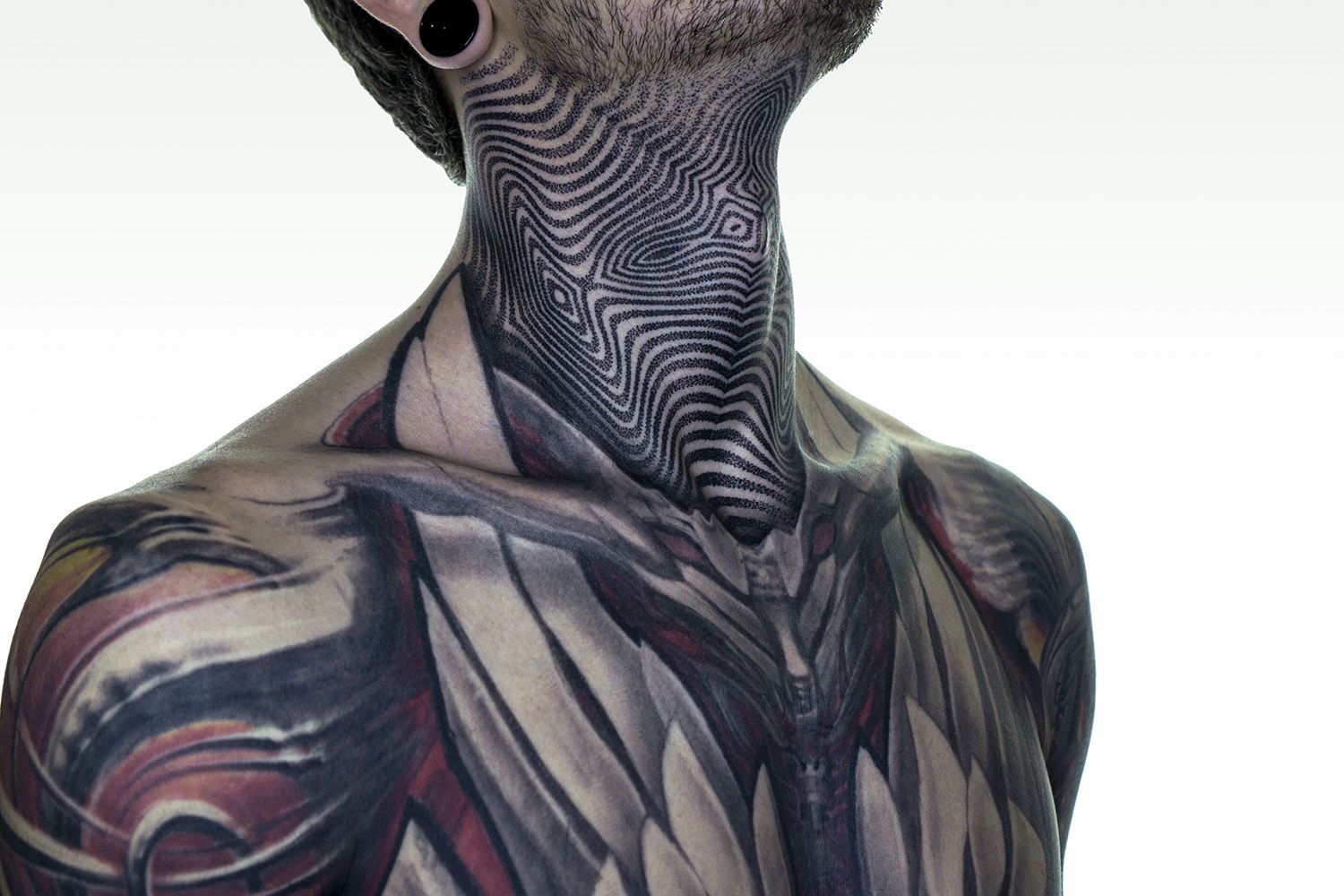 geometric blackwork neck tattoo, futuristic by ilya cascad