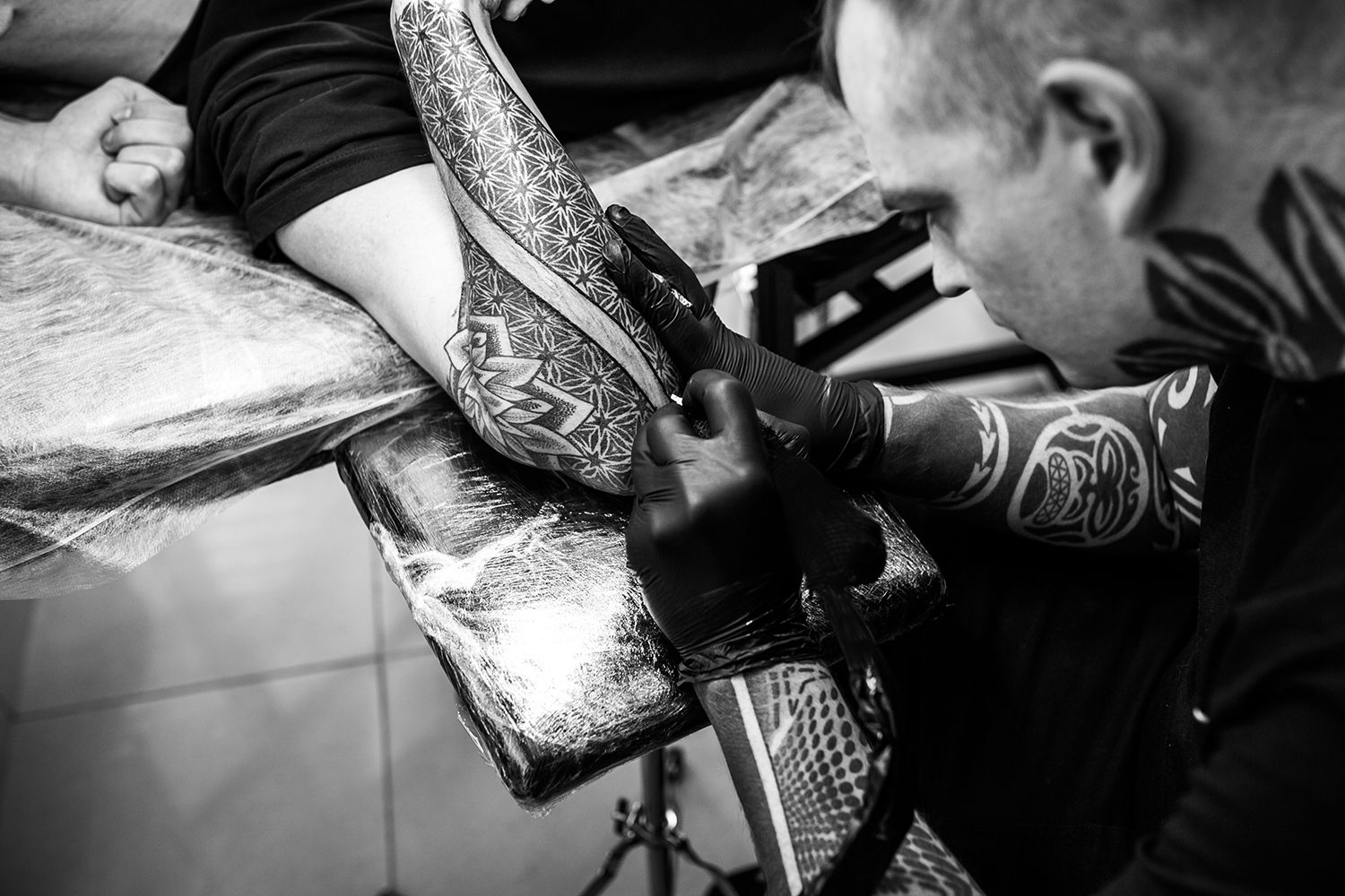 dotwork tattoo, on elbow, arm by ilay cascad, ornamental style, bishop machine