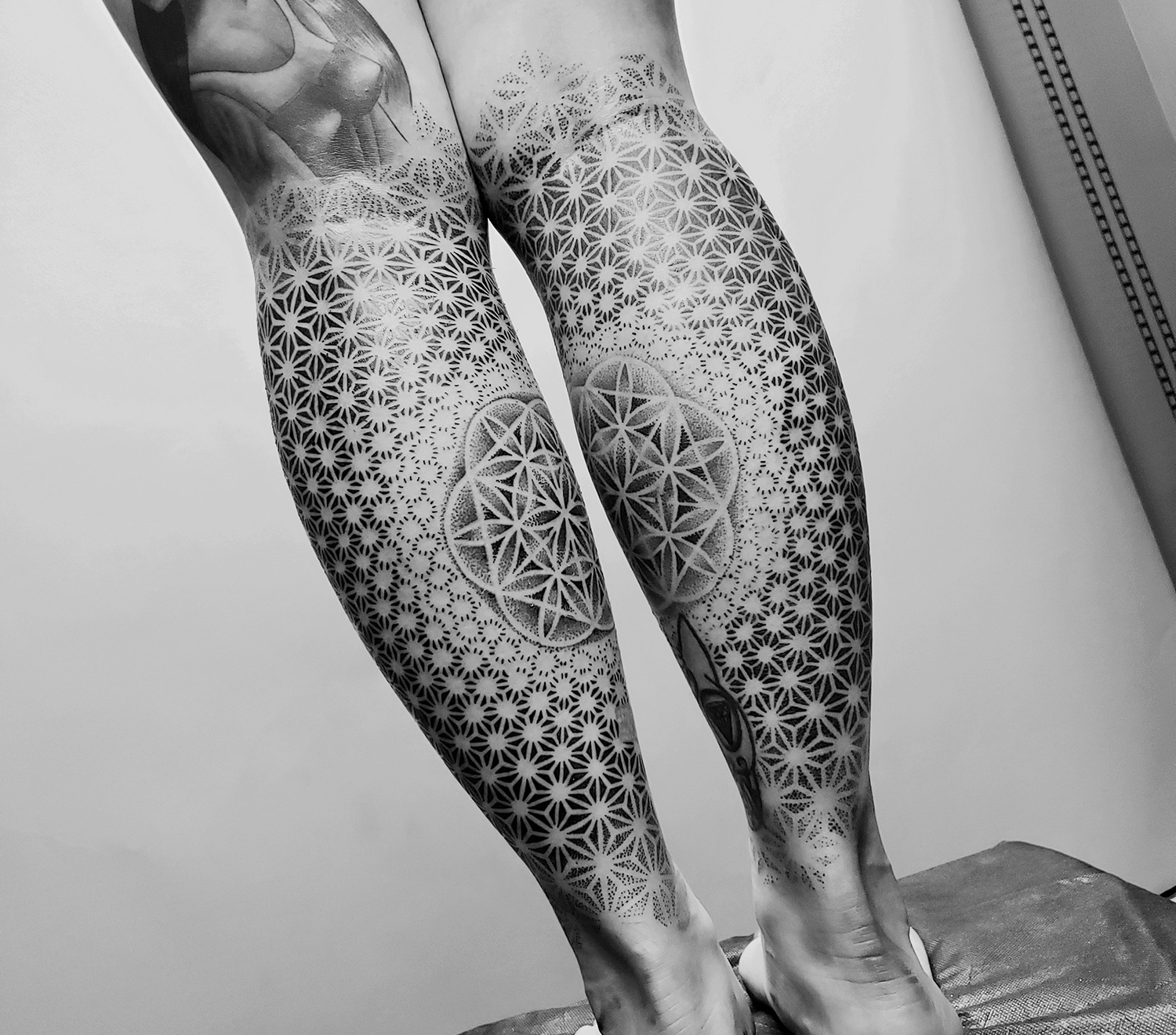 leg tattoo, symmetrical, blackwork