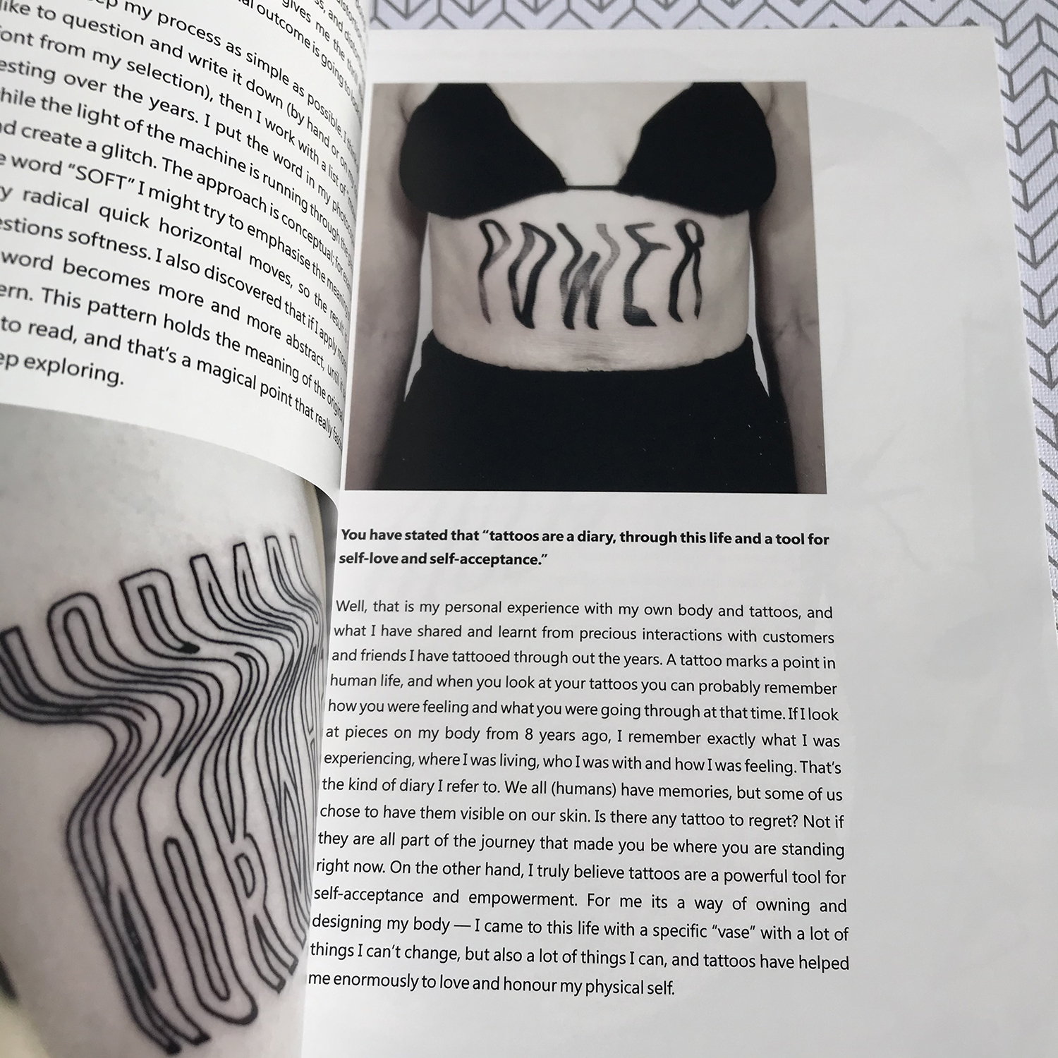 Letter body art by julim rosa, in tatoo book by scene360 and Adriana de Barros, limited premium edition