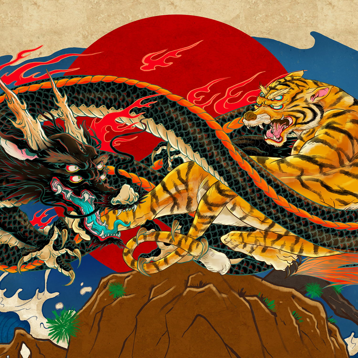 Legendary Beast Illustration by Daybreak Li, oldschool asian art. Dagon and tiger battle, fan