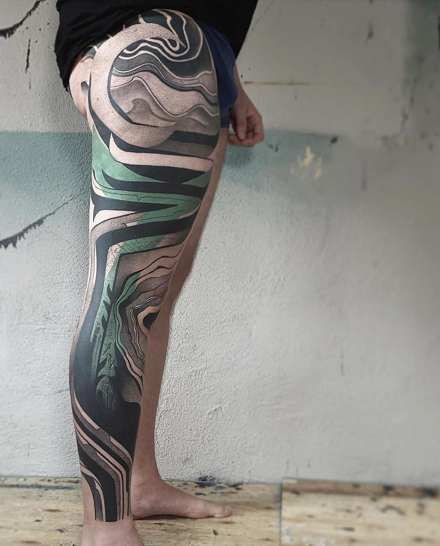 leg tattoo green and black by dane, danepsydala