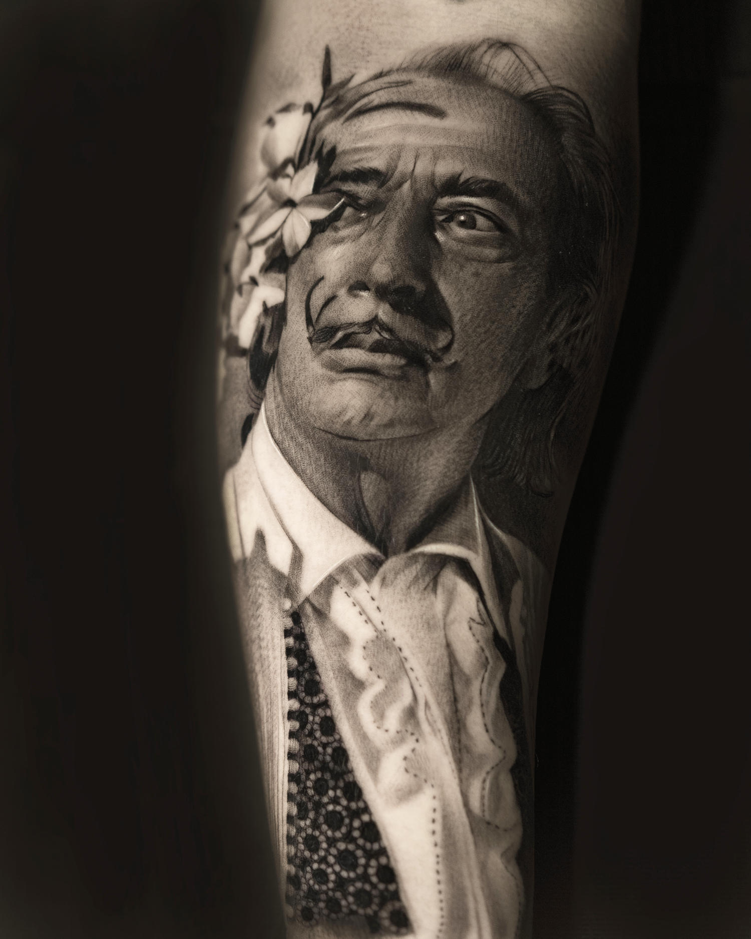 salvador dali, black and grey portrait, realism by Denis “Tidan” Torikashvili