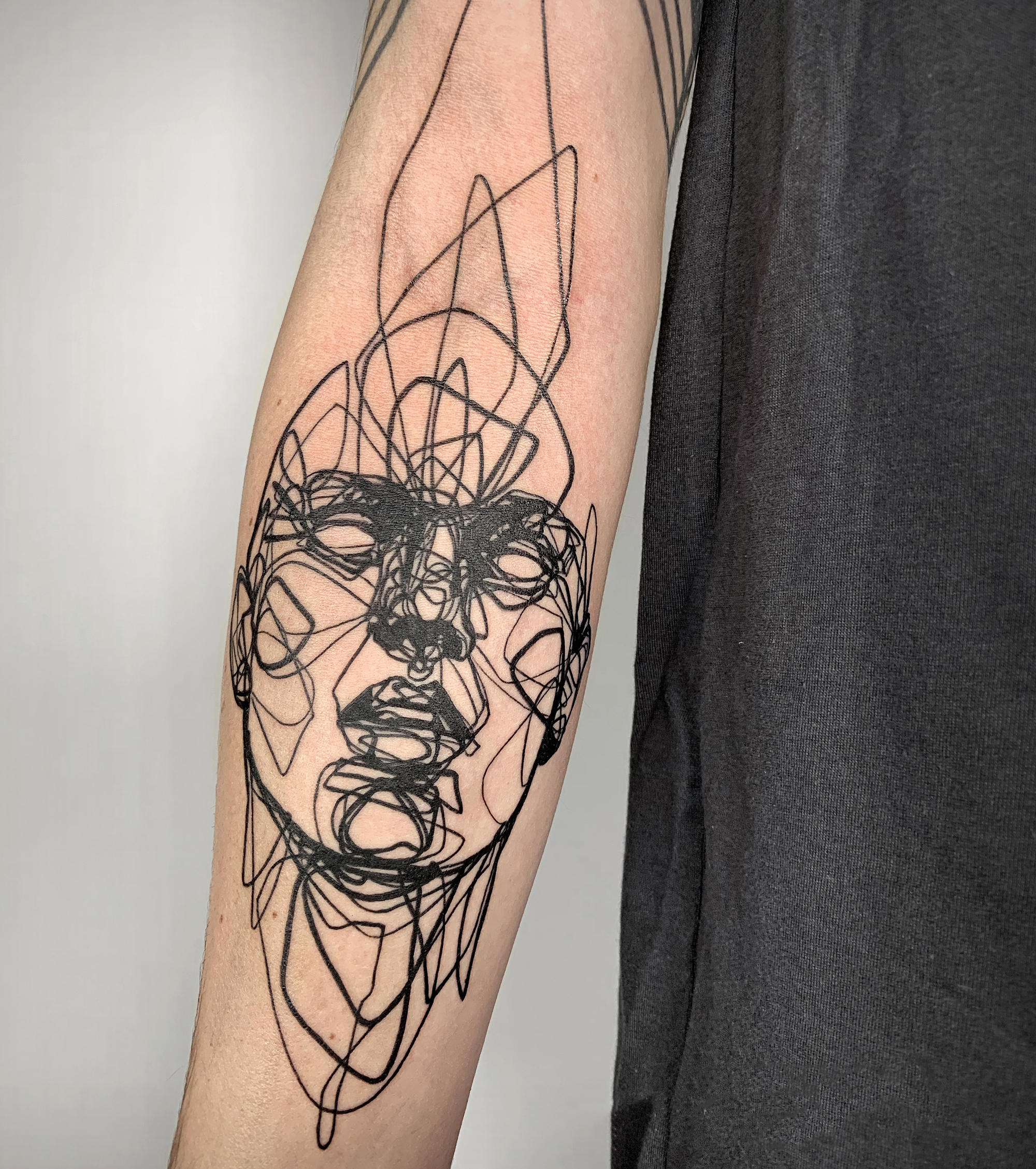 expressive line art tattoo, portrait by jio maia