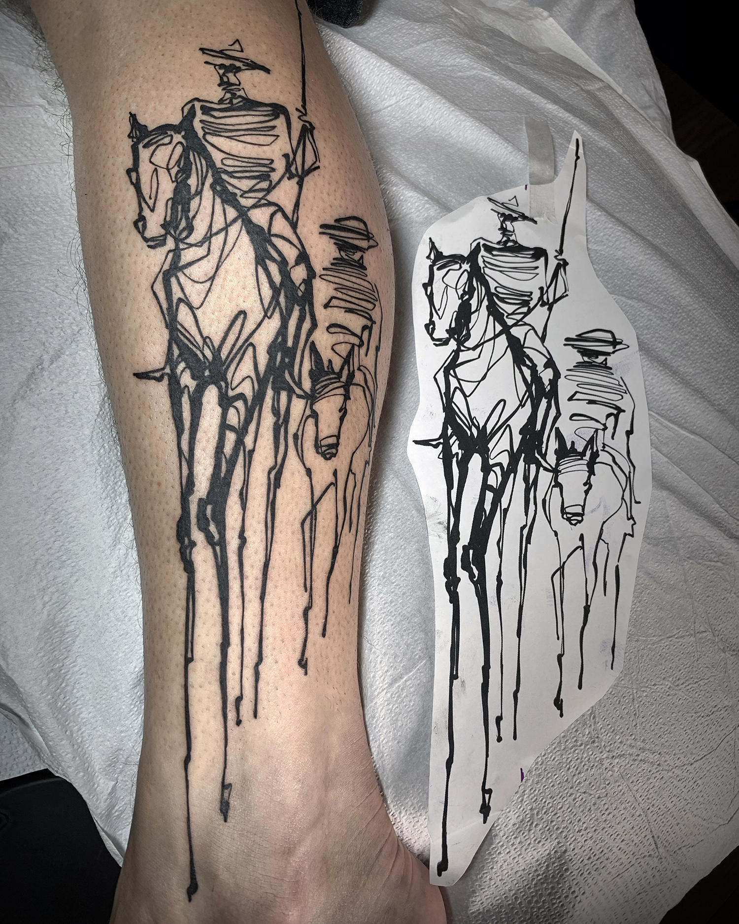 fine art remake, man on horse, line sketch tattoo
