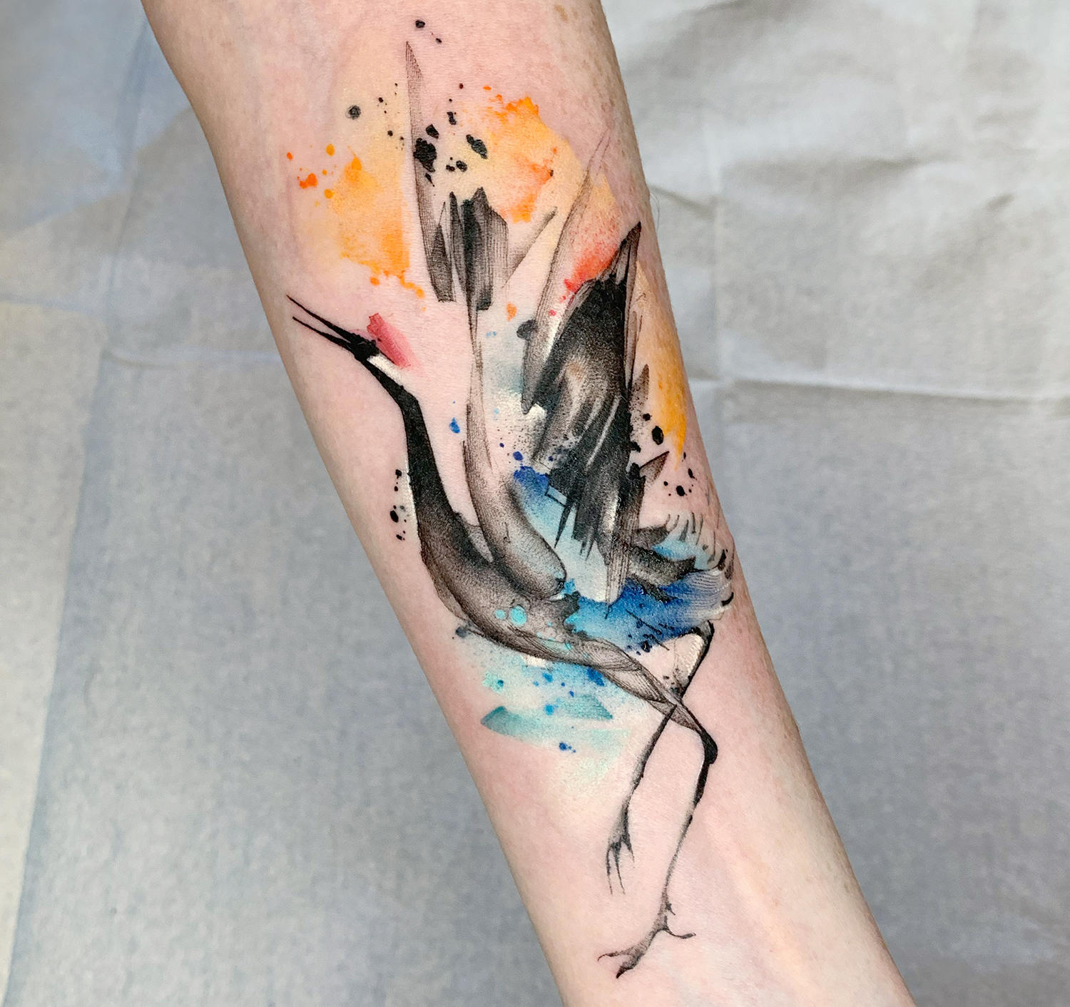 crane bird tattoo painting style by filip fabian, san francisco