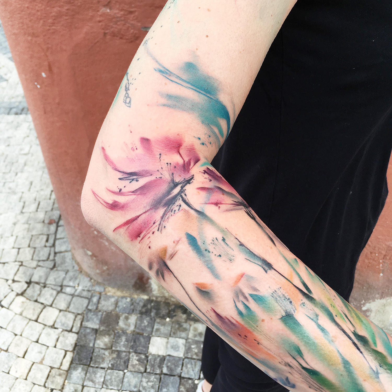 flower tattoo on arm, painting style, by filip fabian, black and blue studio