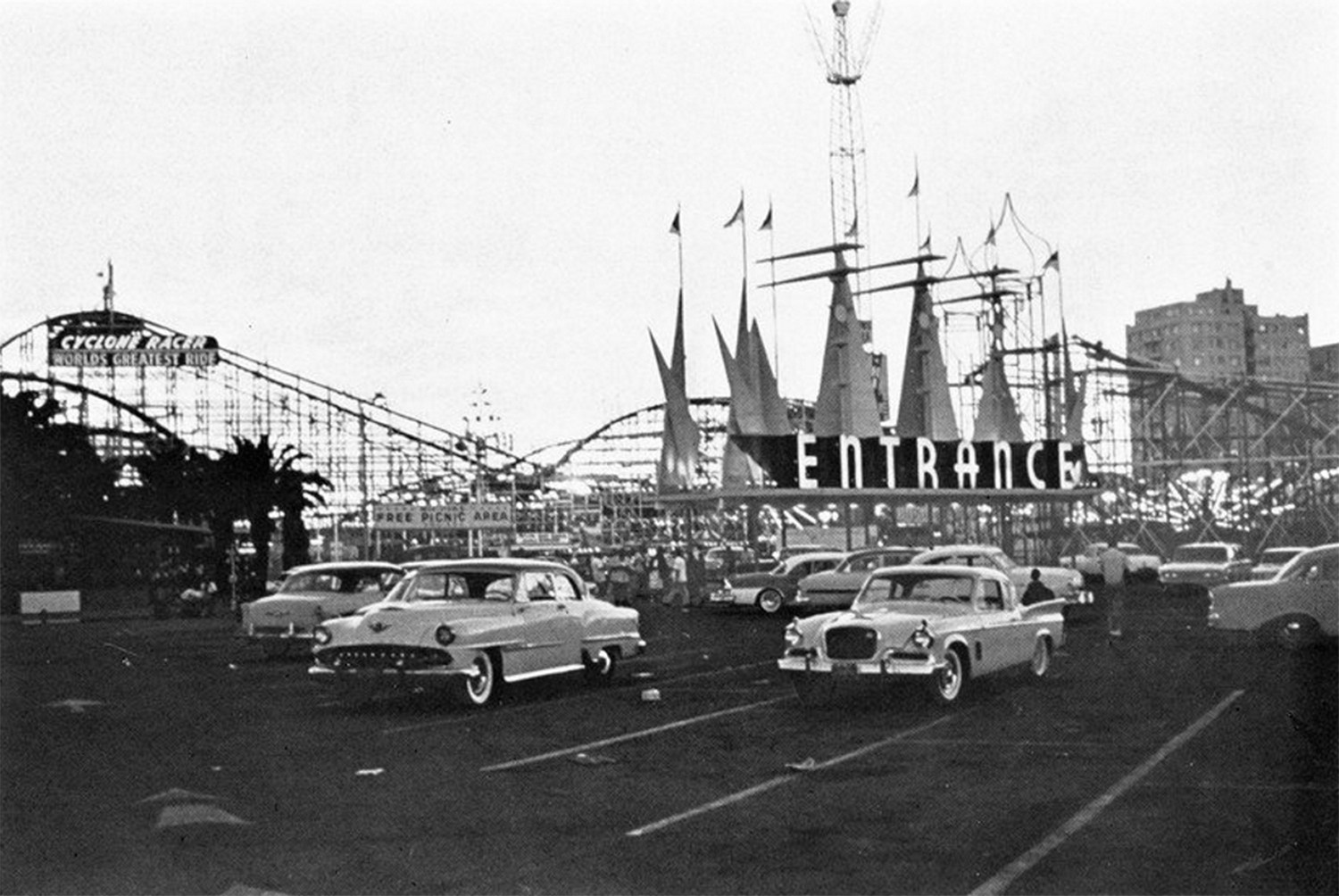 Entrance to The Pike in 1960 with the Cyclone Racer in the background.