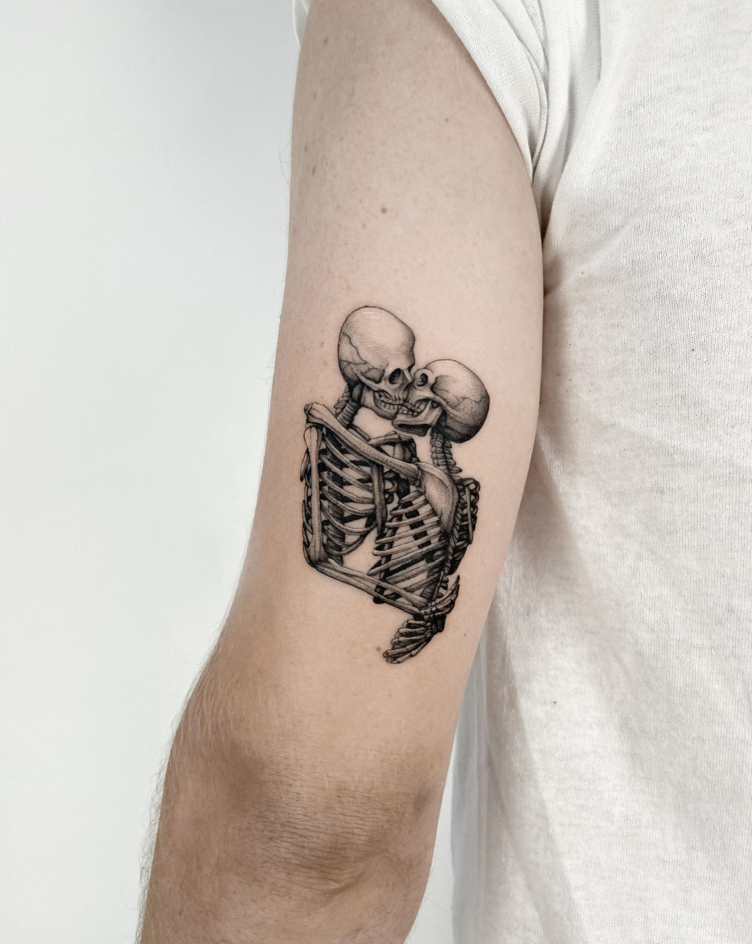 skeleton tattoo on arm by delph musquet, dealwithdolphin, blackwork