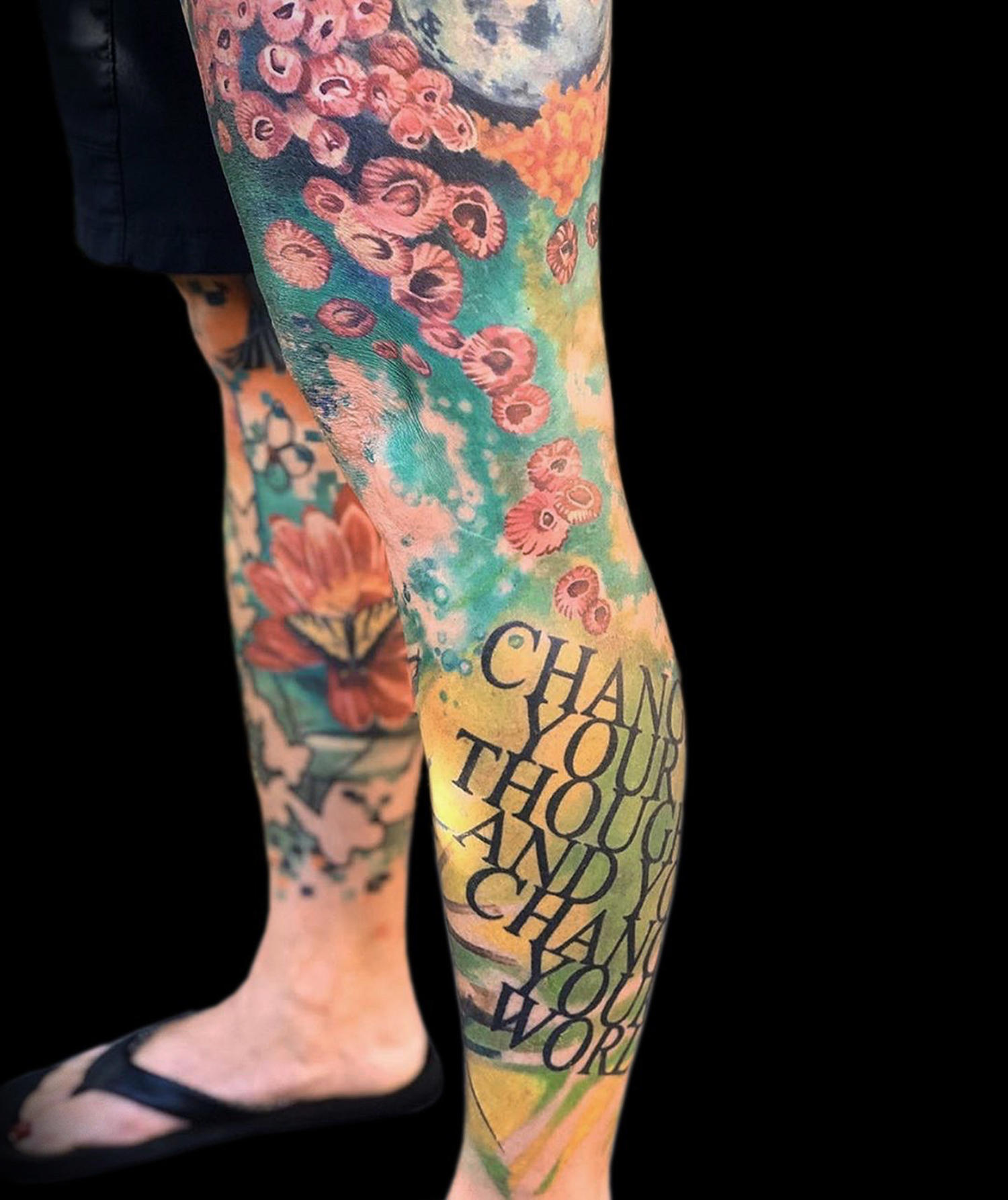 color tattoo leg sleeve kari barba, tattoo legend from long beach, sea theme