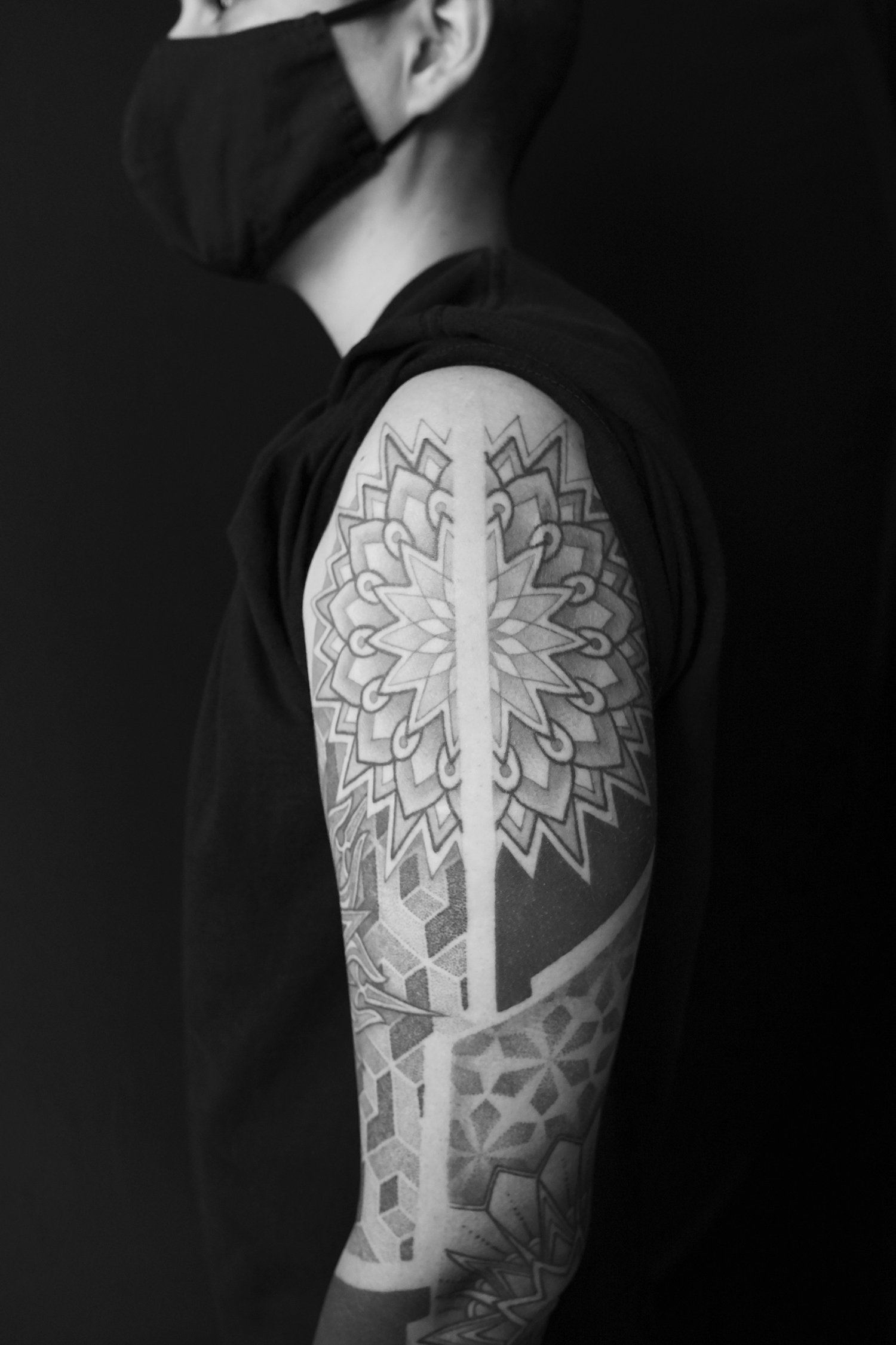 Hannah Wolfâs tattoo work has been meticulously healed. Geometric blackwork tattoo sleeve.