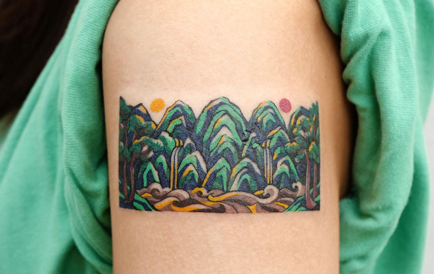 Stylized landscape tattoo by Eden, from south korea