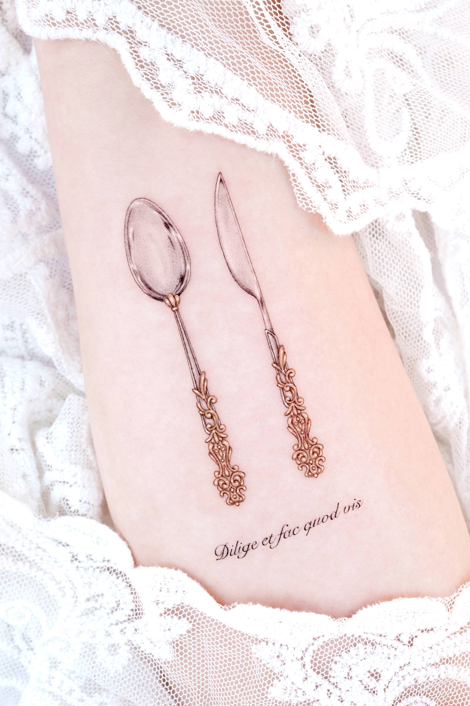 A tattoo of old silver utensils, by Solar

