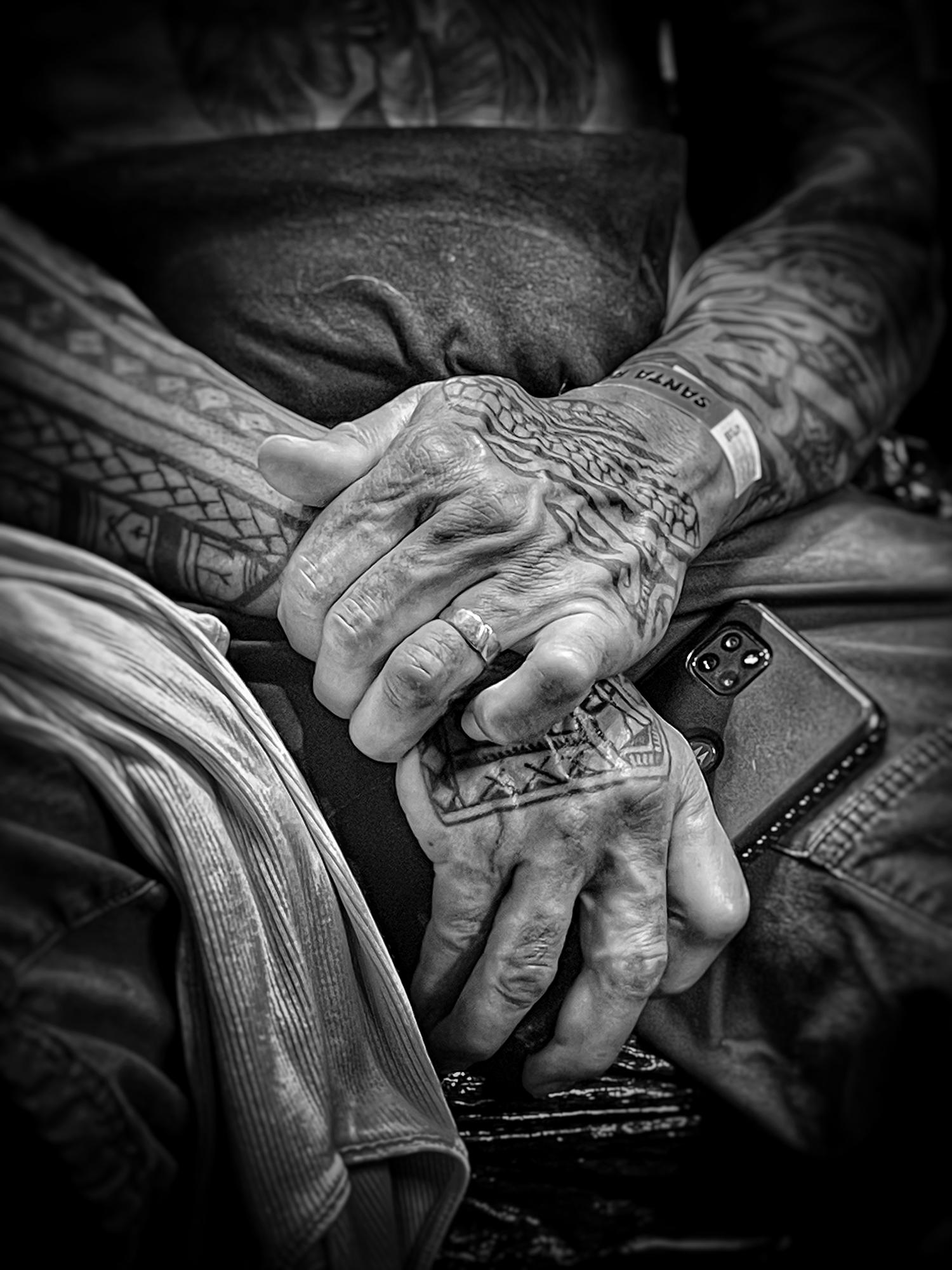 Blackwork on the hands of client Erik, at the Santa Rosa tattoo and blues convention