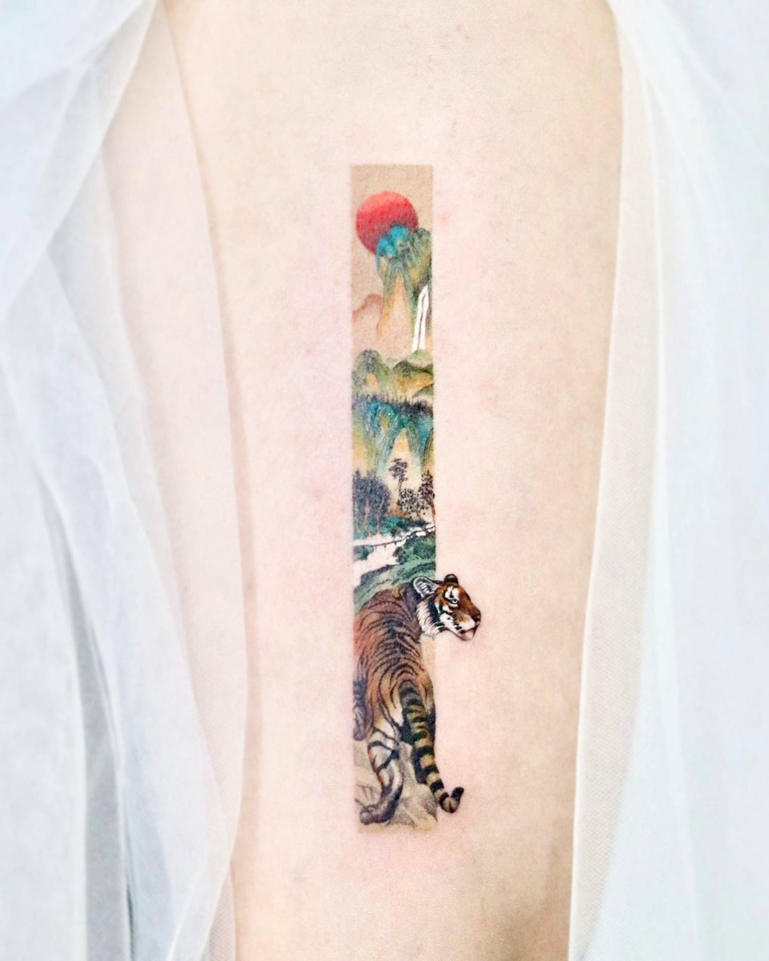 mountains and tiger tattoo, asian landscape theme tattoo