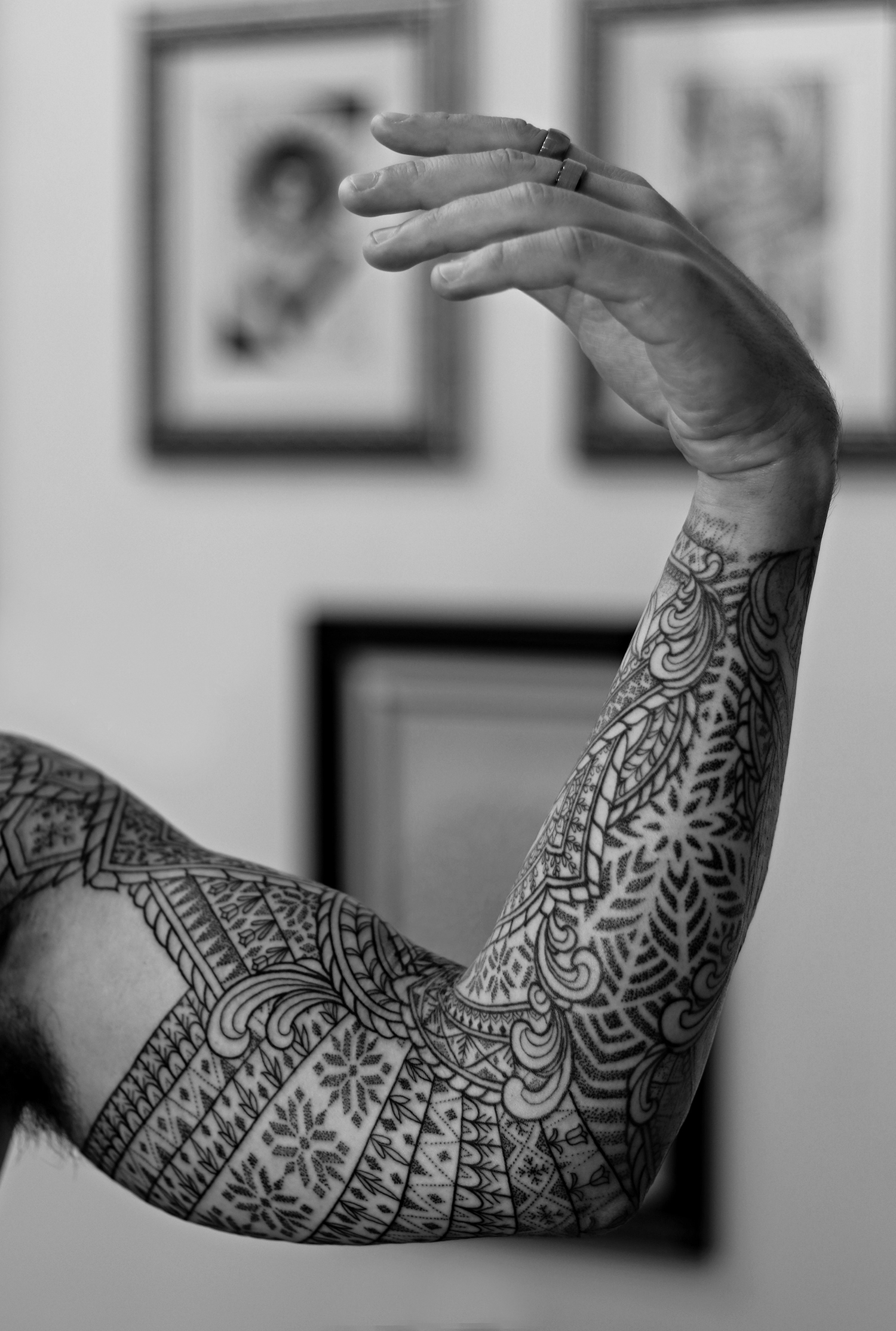 This exquisite tattoo sleeve transforms shapes into patterns.
