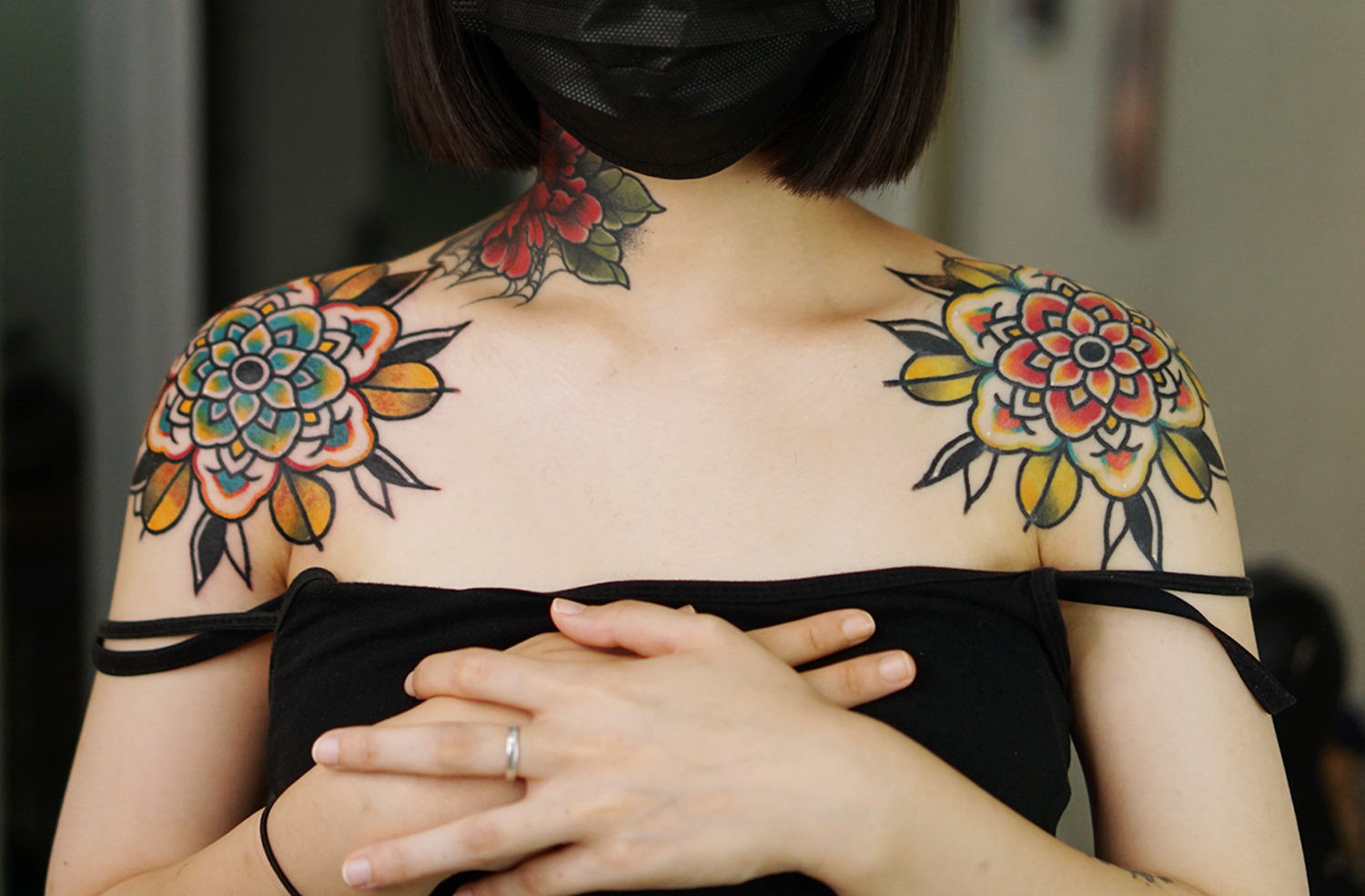 Shoulder, color mandalas, flower like tattoos by kiwa
