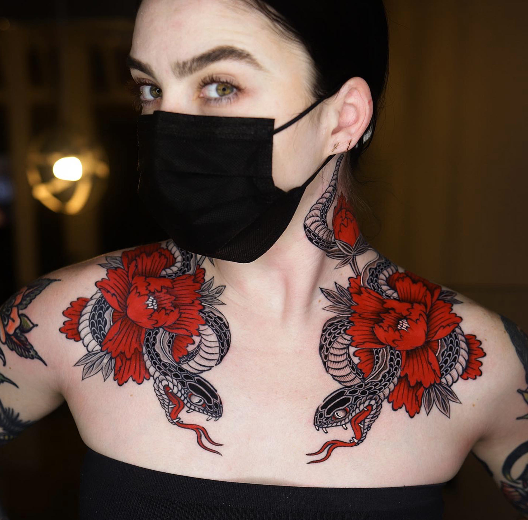 Dino oriental s snake and flower tattoos