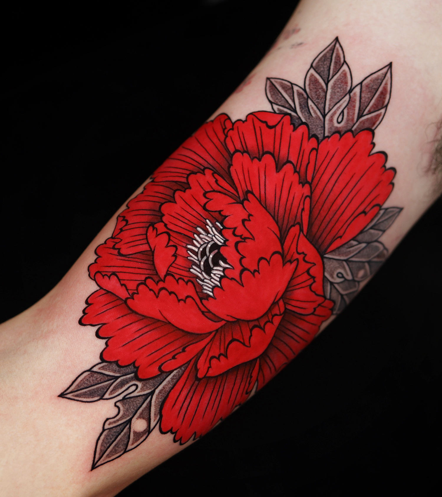 peony tattoo, red white and black tattoo