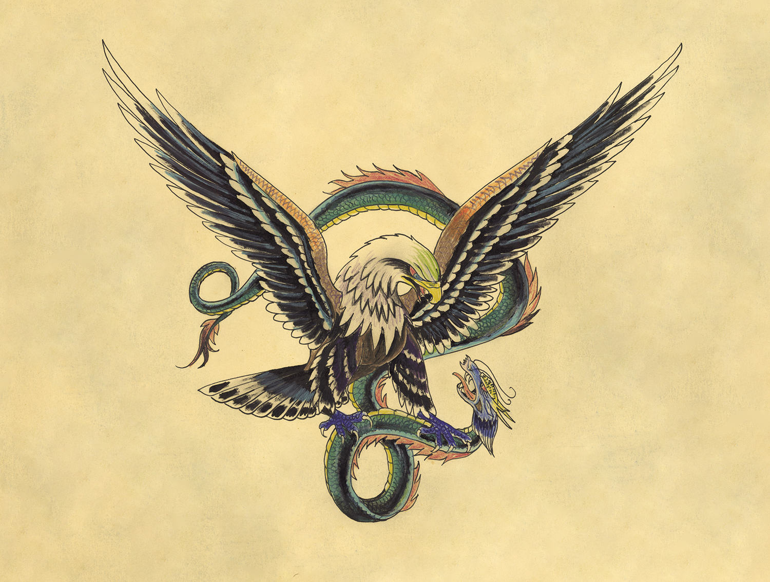 american bald eagle tattoo flash by pinky yun, scorpion front publishing