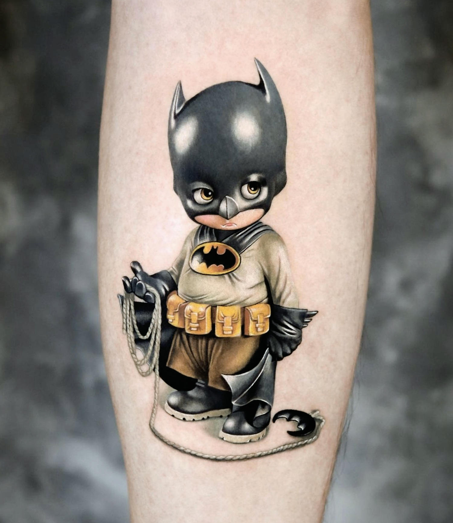 Realistic 3D Batman Face Tattoo On Leg Calf By A D Pancho