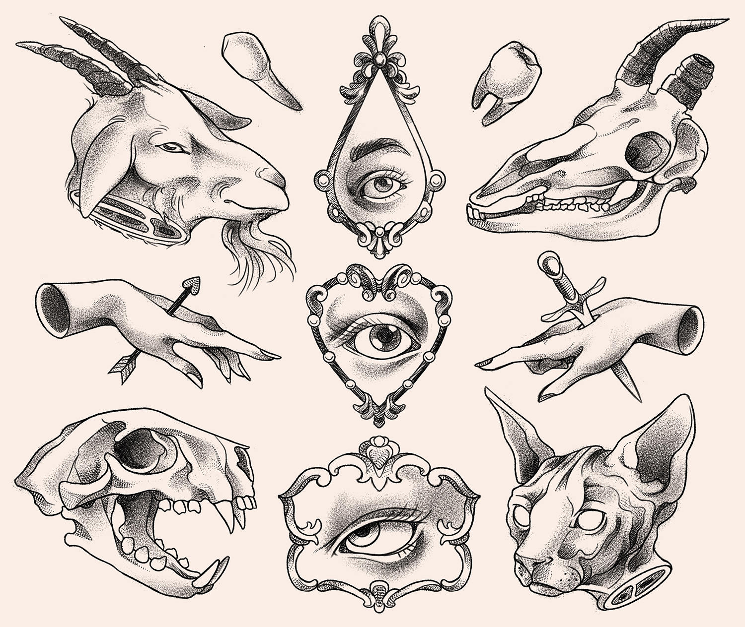 animals and eyes tattoo flash