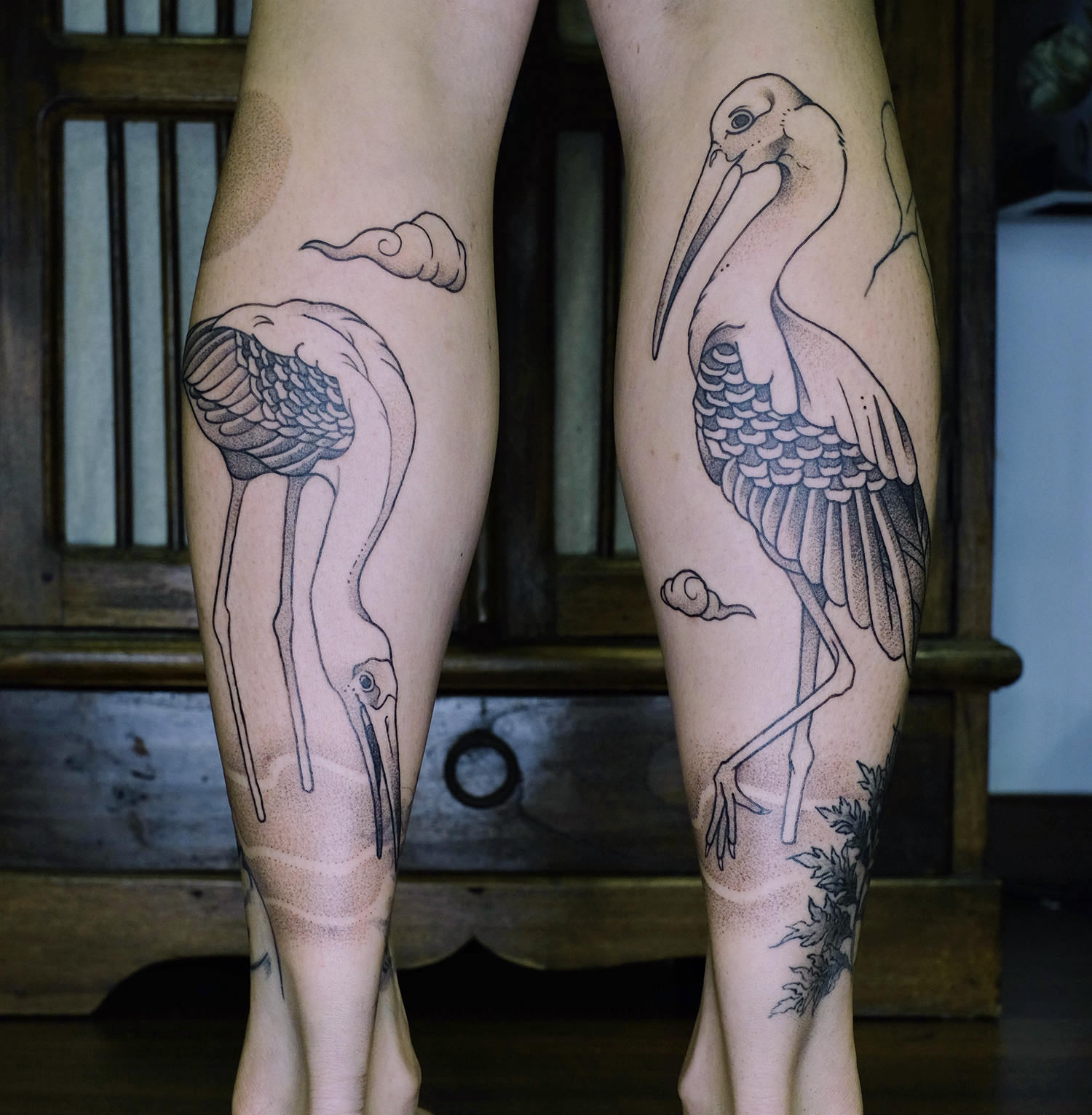 stork, illustrative tattoos on legs by yelselogy