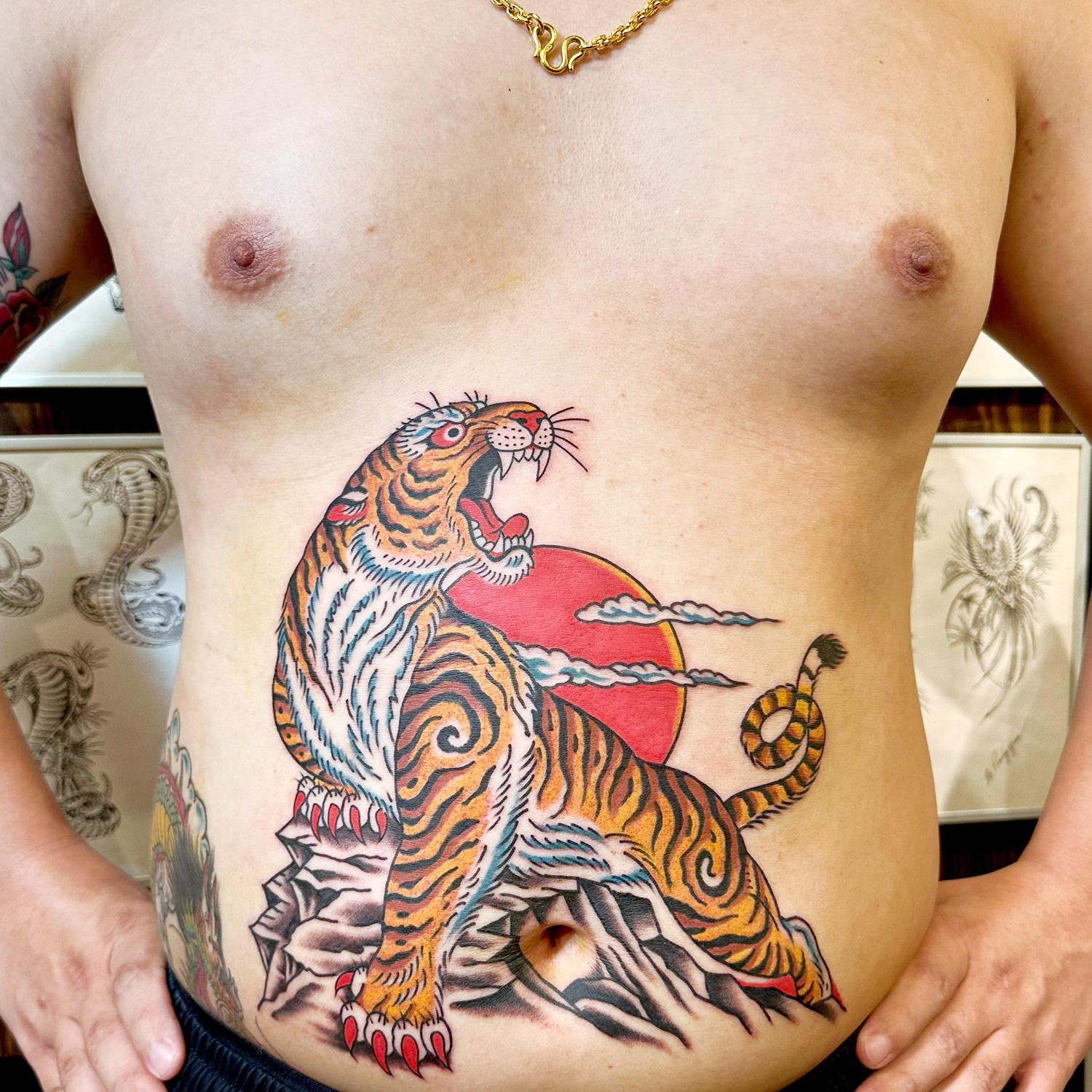 tiger and sun, color tattoo by jimmy shy on stomach