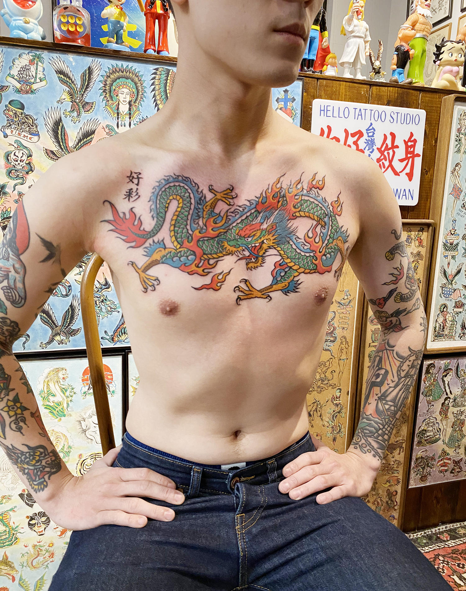 Pinky Yun dragon, tattoo by jimmy shy, color on chest